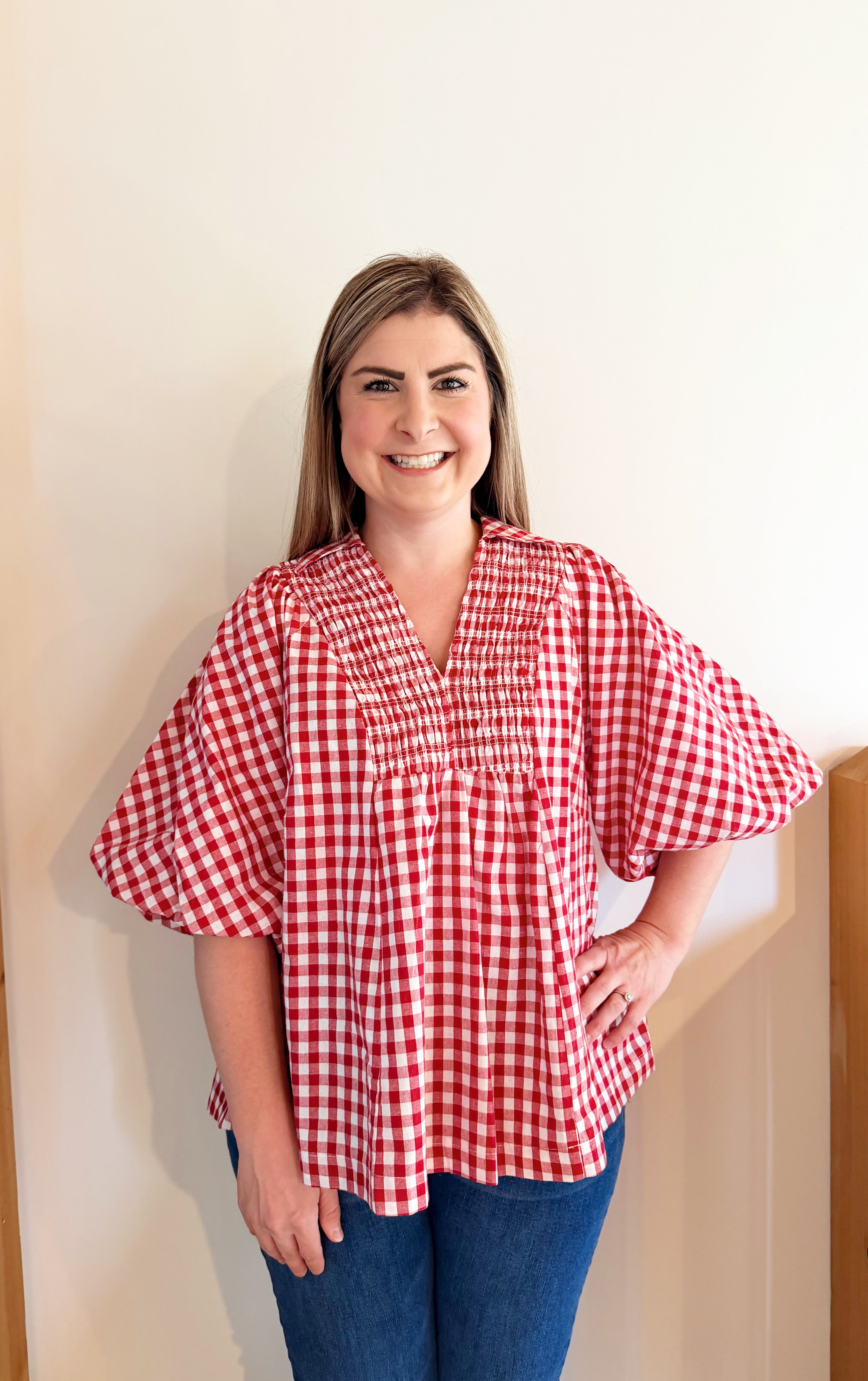 Plaid bubble sleeve top