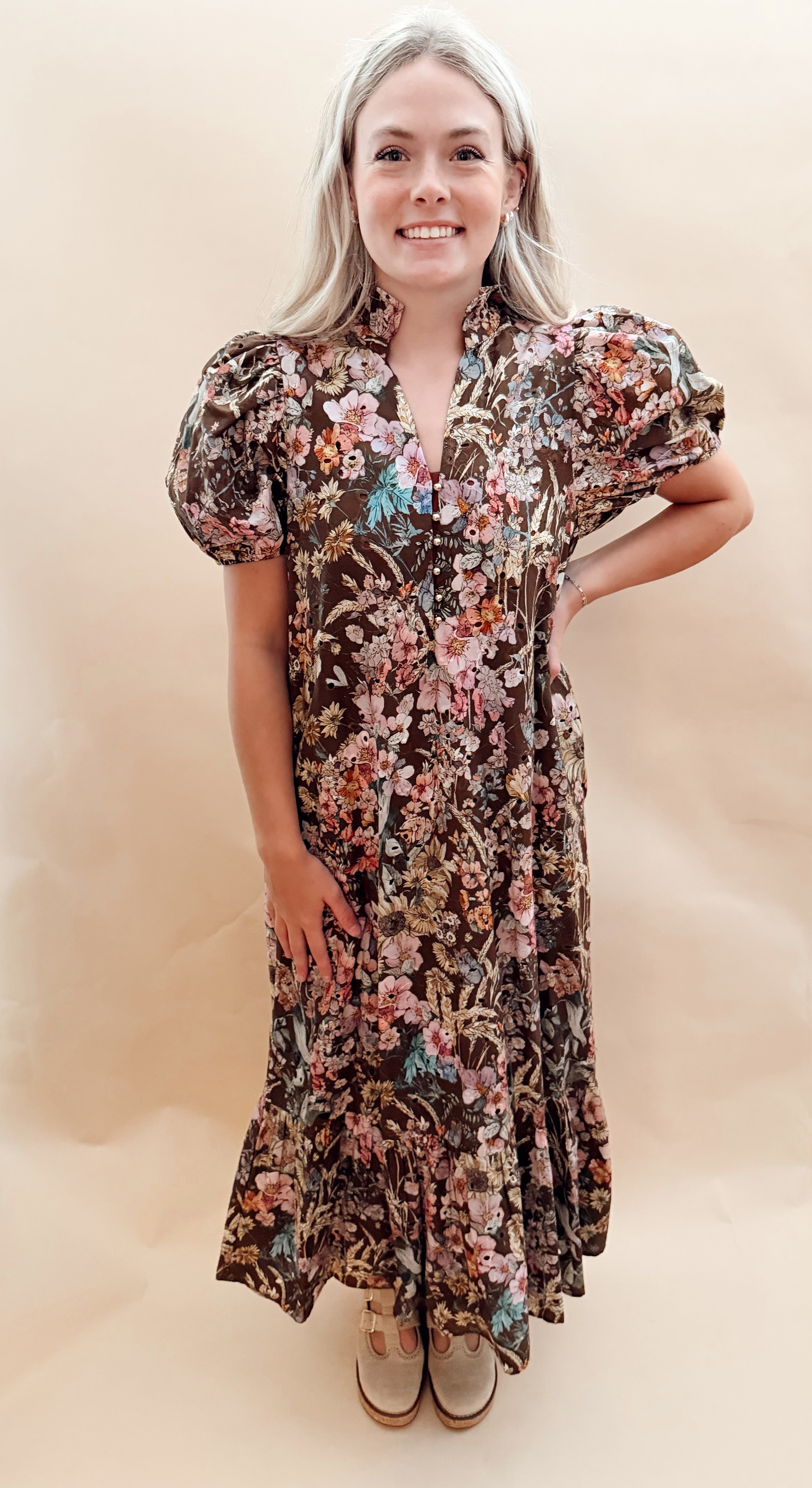 Floral print eyelet maxi dress