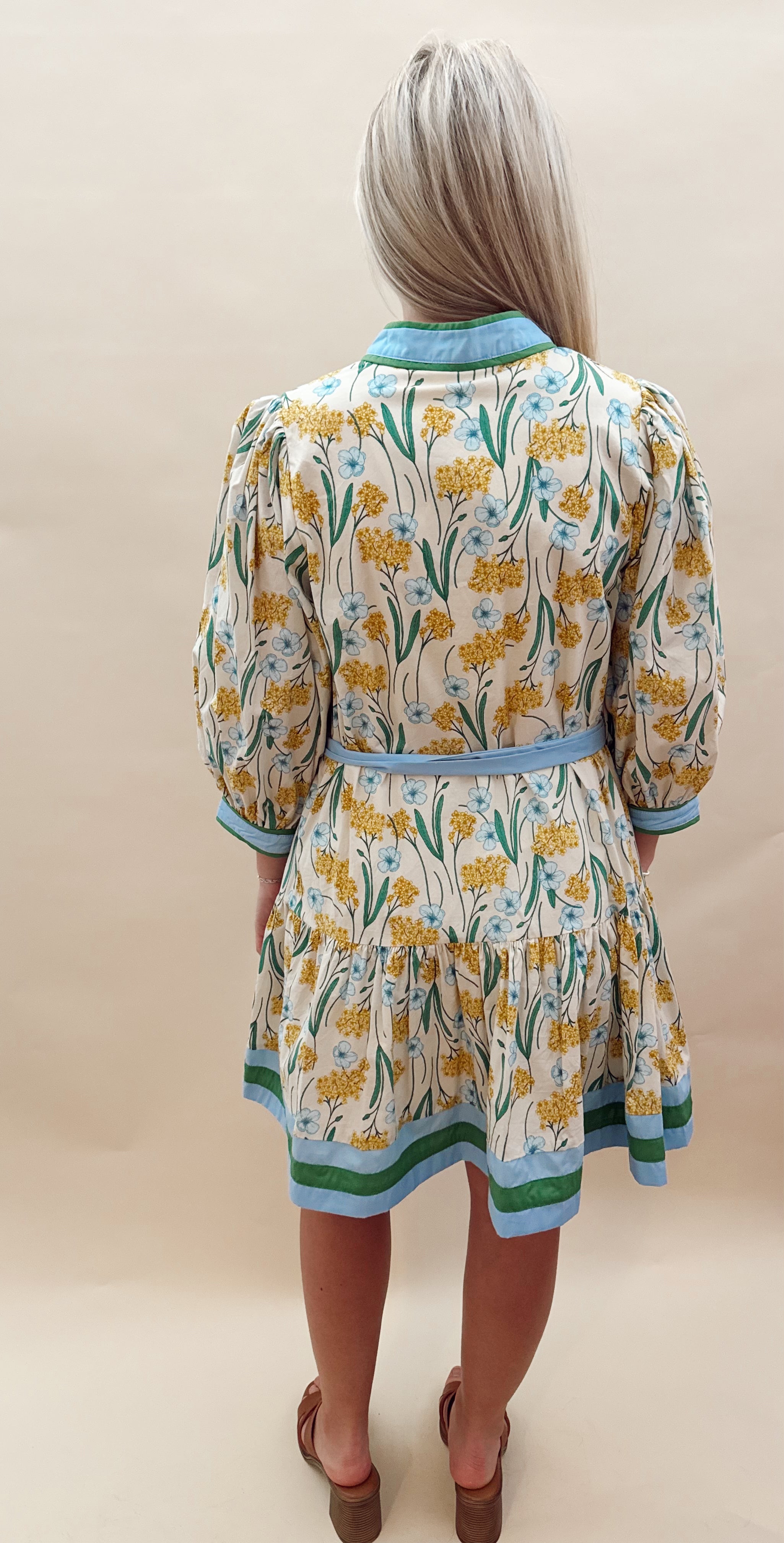 Yellow blue waist tie dress