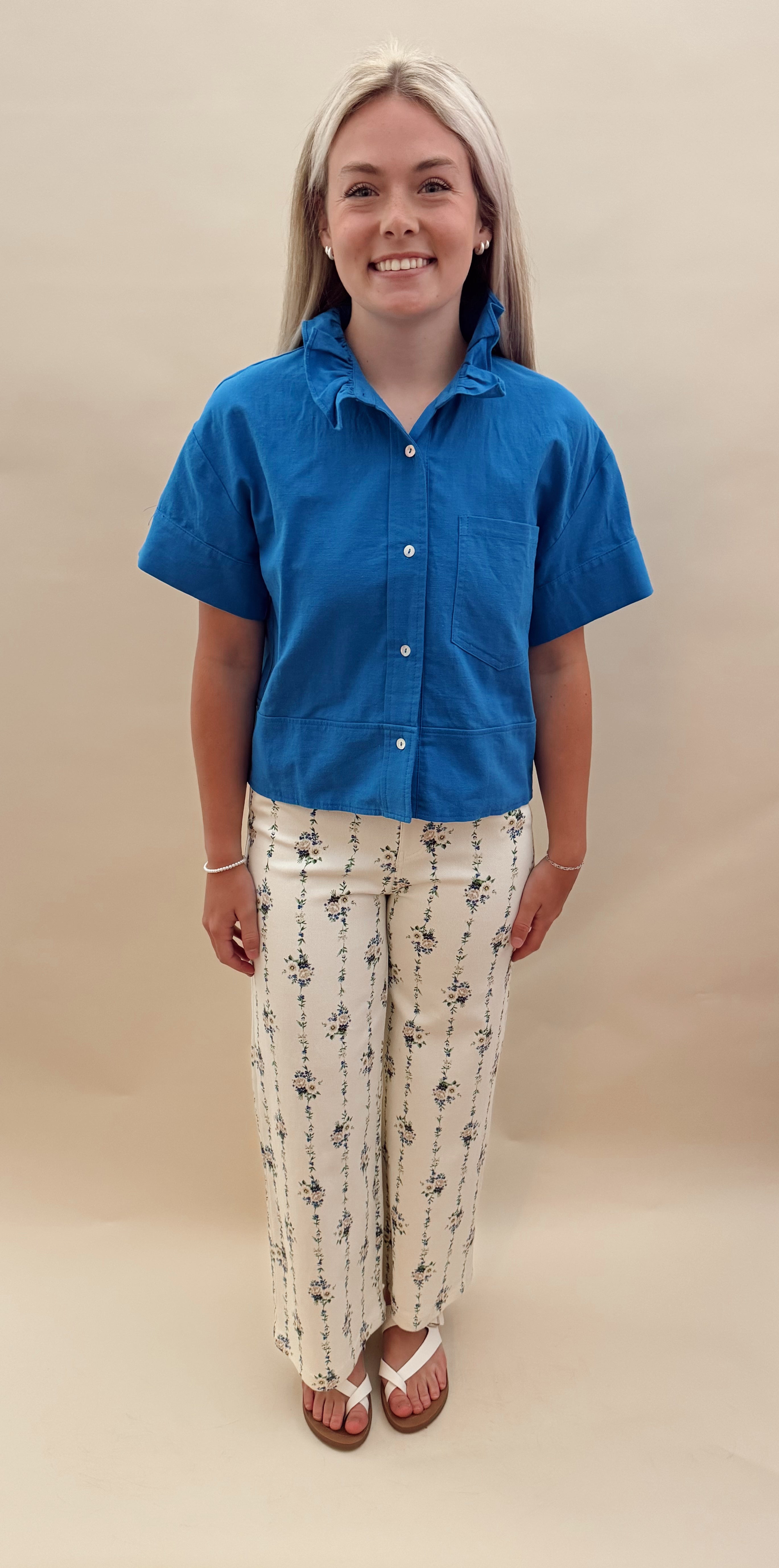 Cream, green, and blue floral wide legged pants
