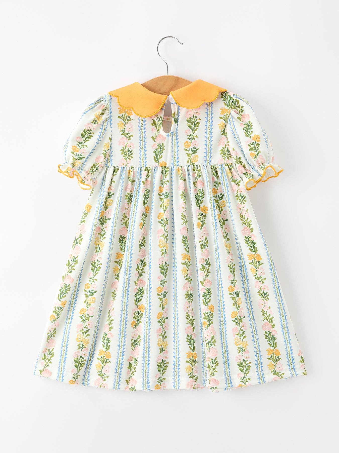 Fall Smocked Floral & Stripe Baby Girl Dress with Scallop Collar