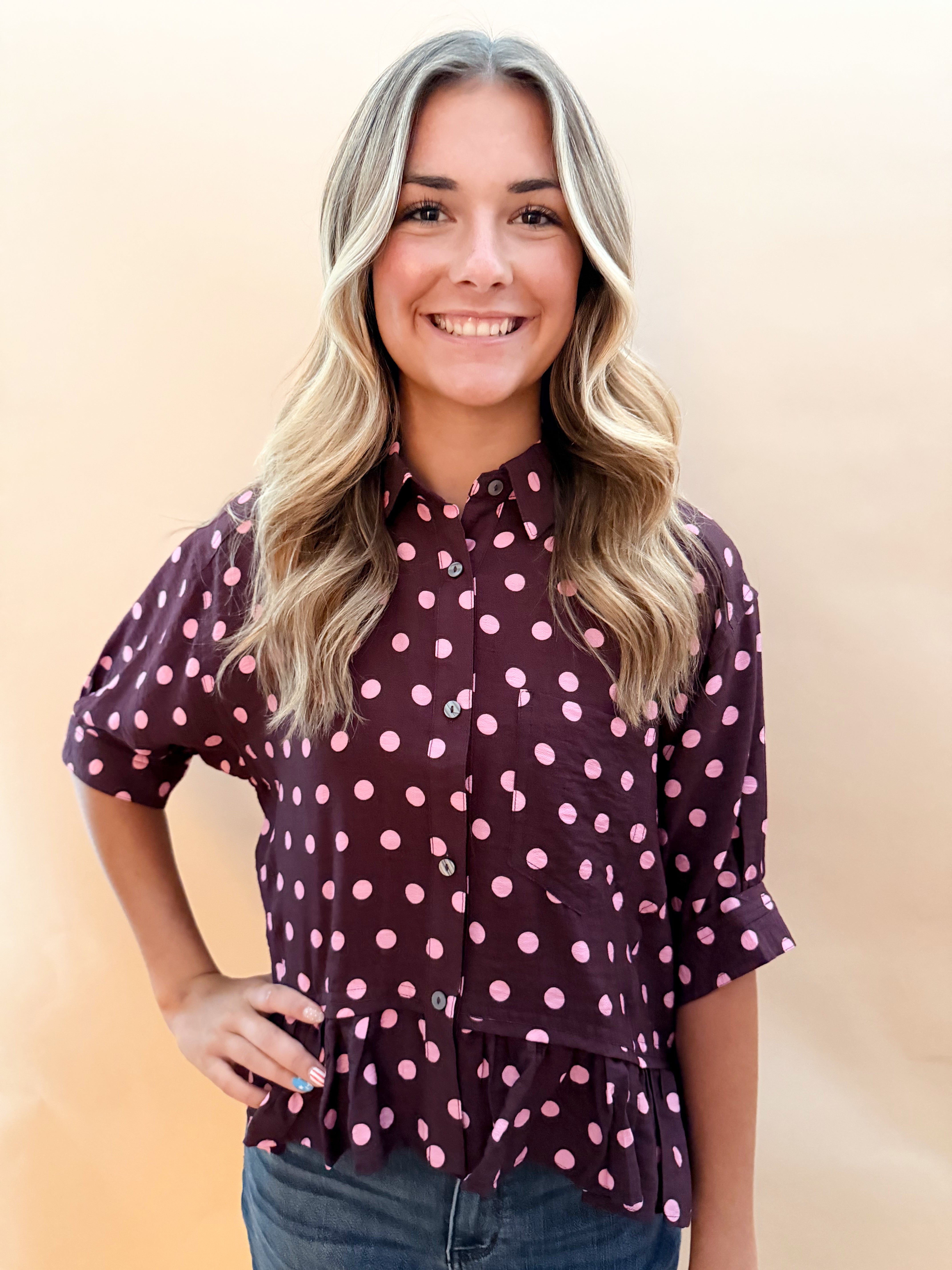 Polka Dot Ruffle Bottom Blouse