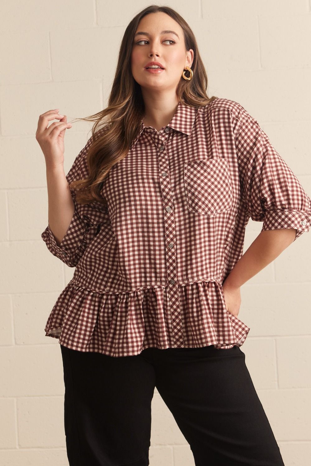 Gingham Ruffle Bottom Blouse