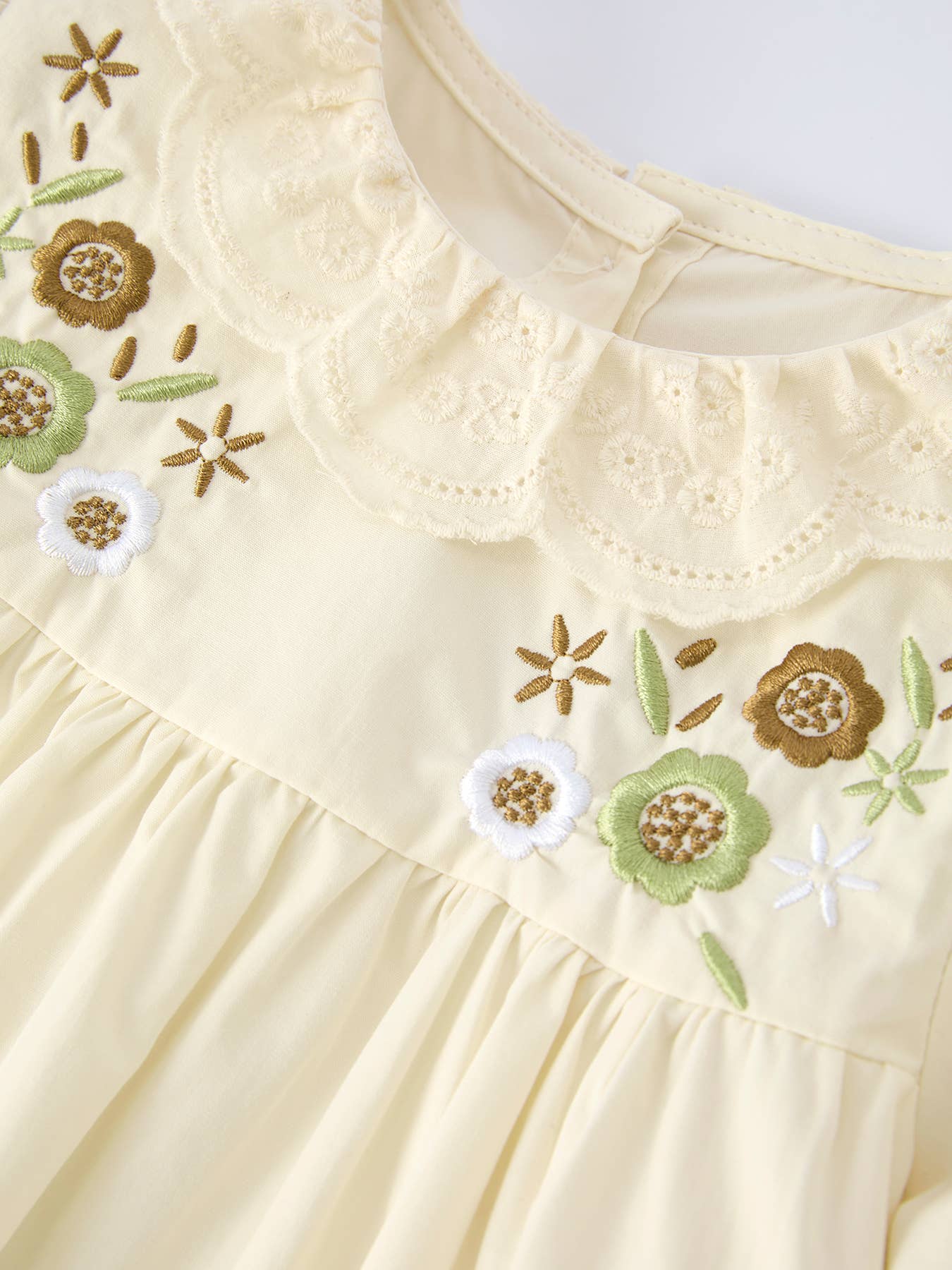 Toddler Girl Long Sleeve Dress, Floral Embroidery, White/Khaki