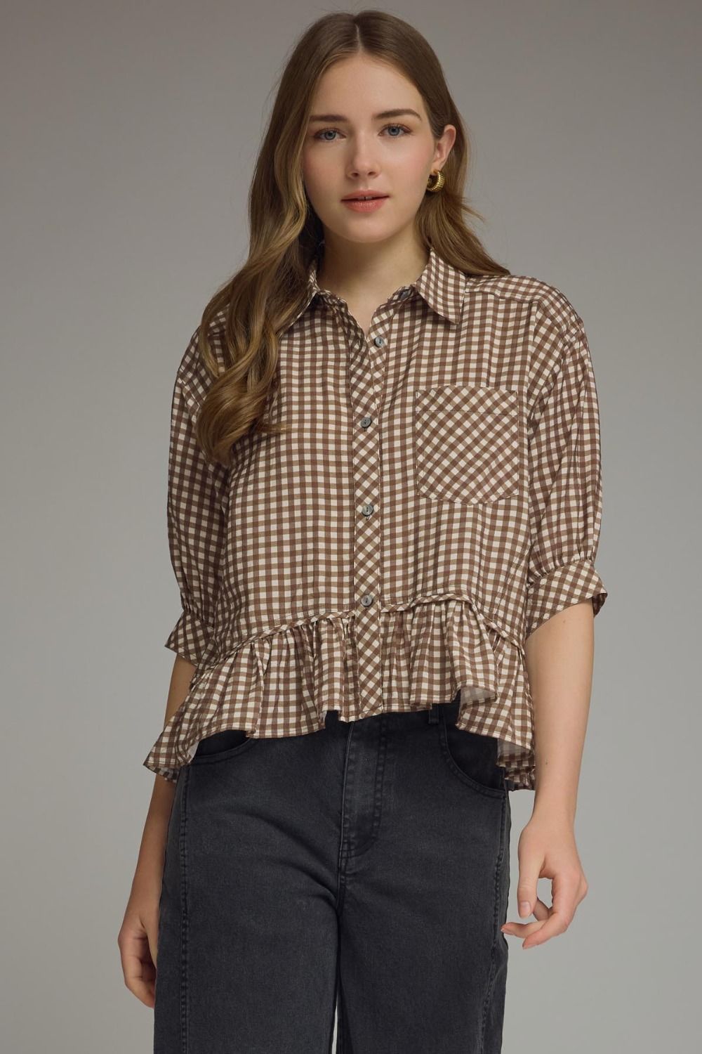 Gingham peplum button down top