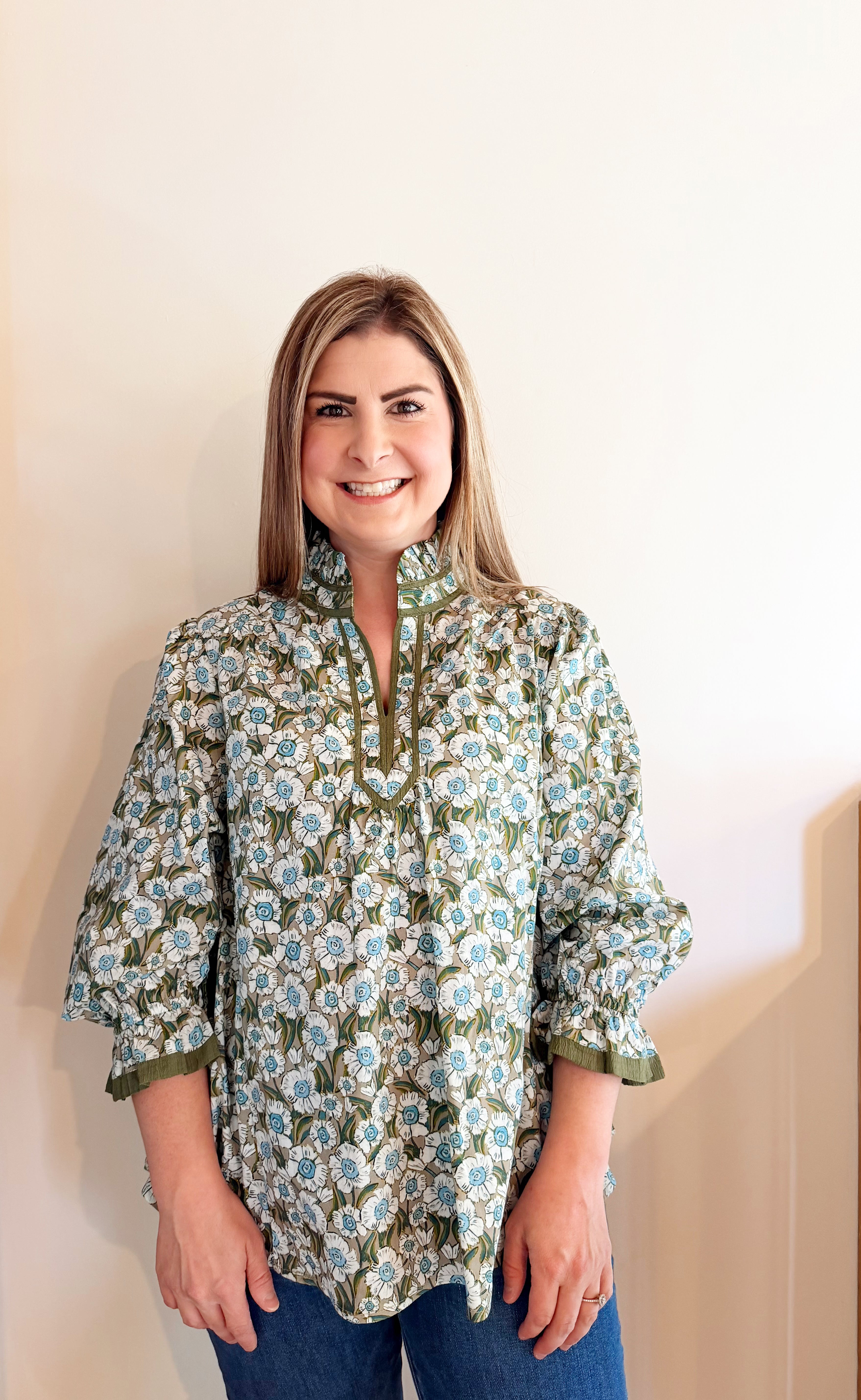 Ruffle neck floral print top