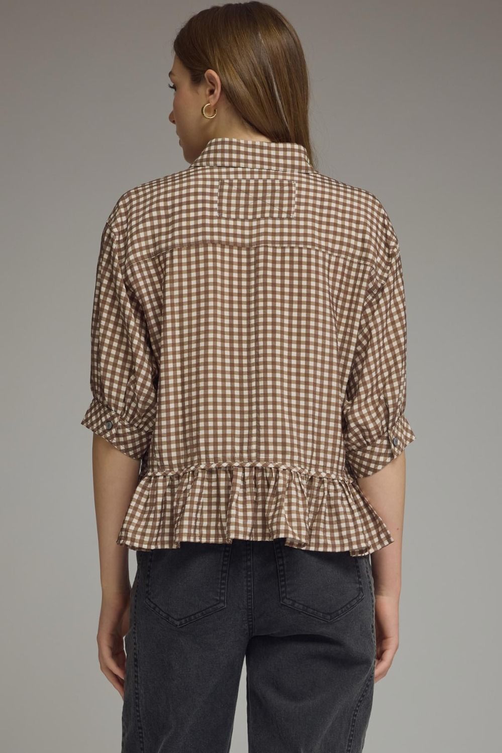 Gingham peplum button down top
