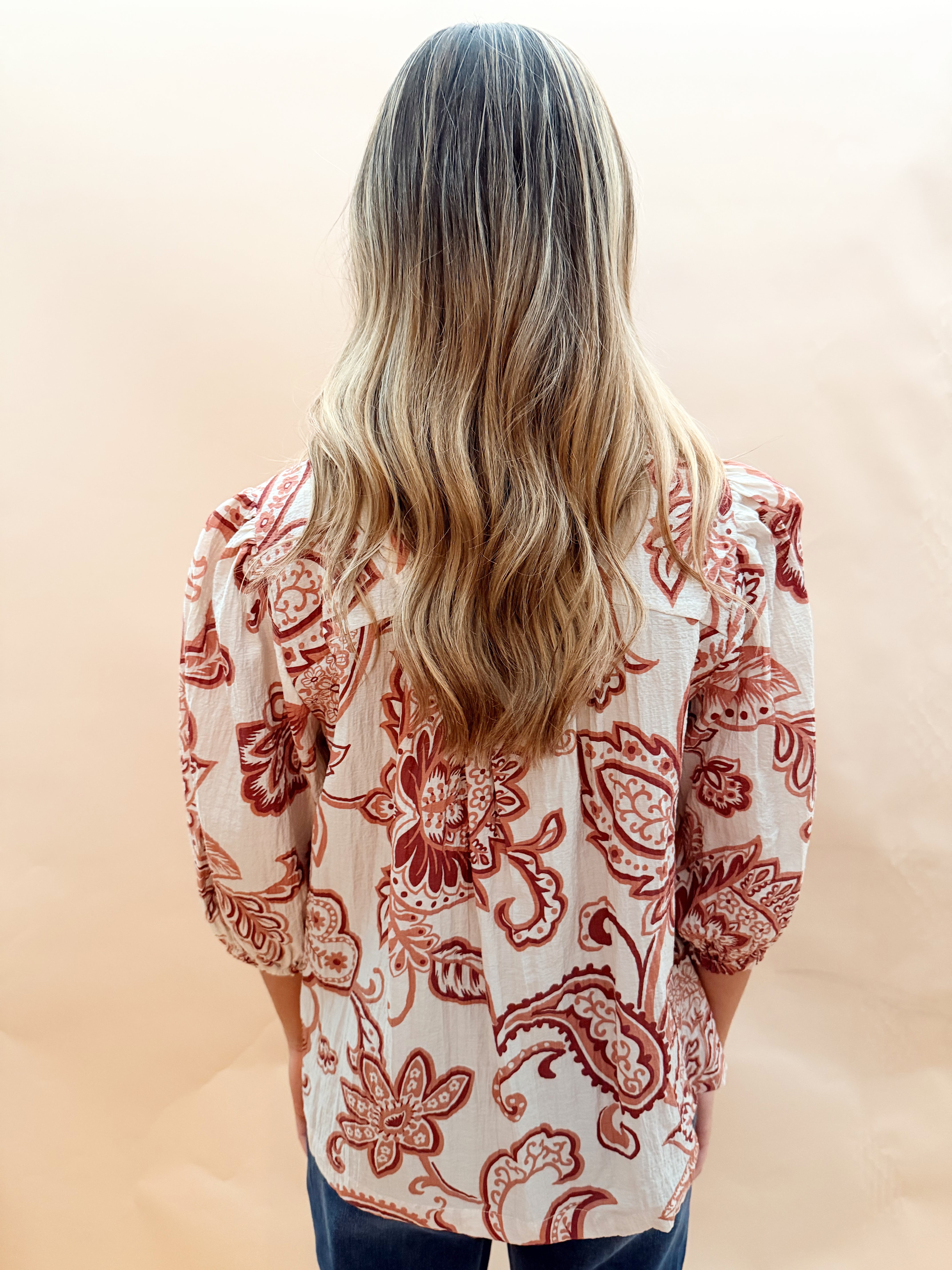 Print top smocked ruffle details
