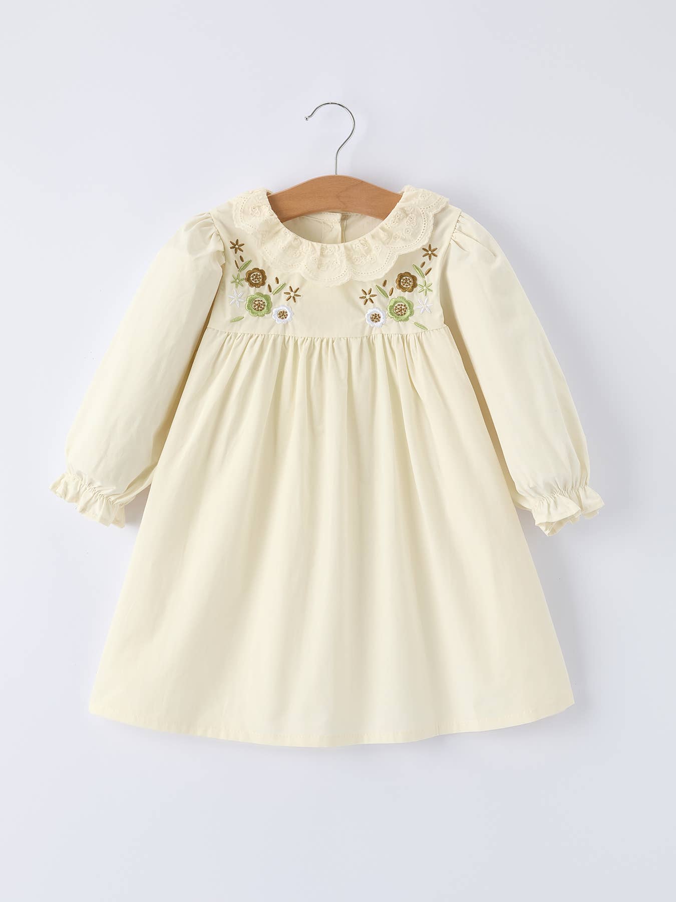 Toddler Girl Long Sleeve Dress, Floral Embroidery, White/Khaki