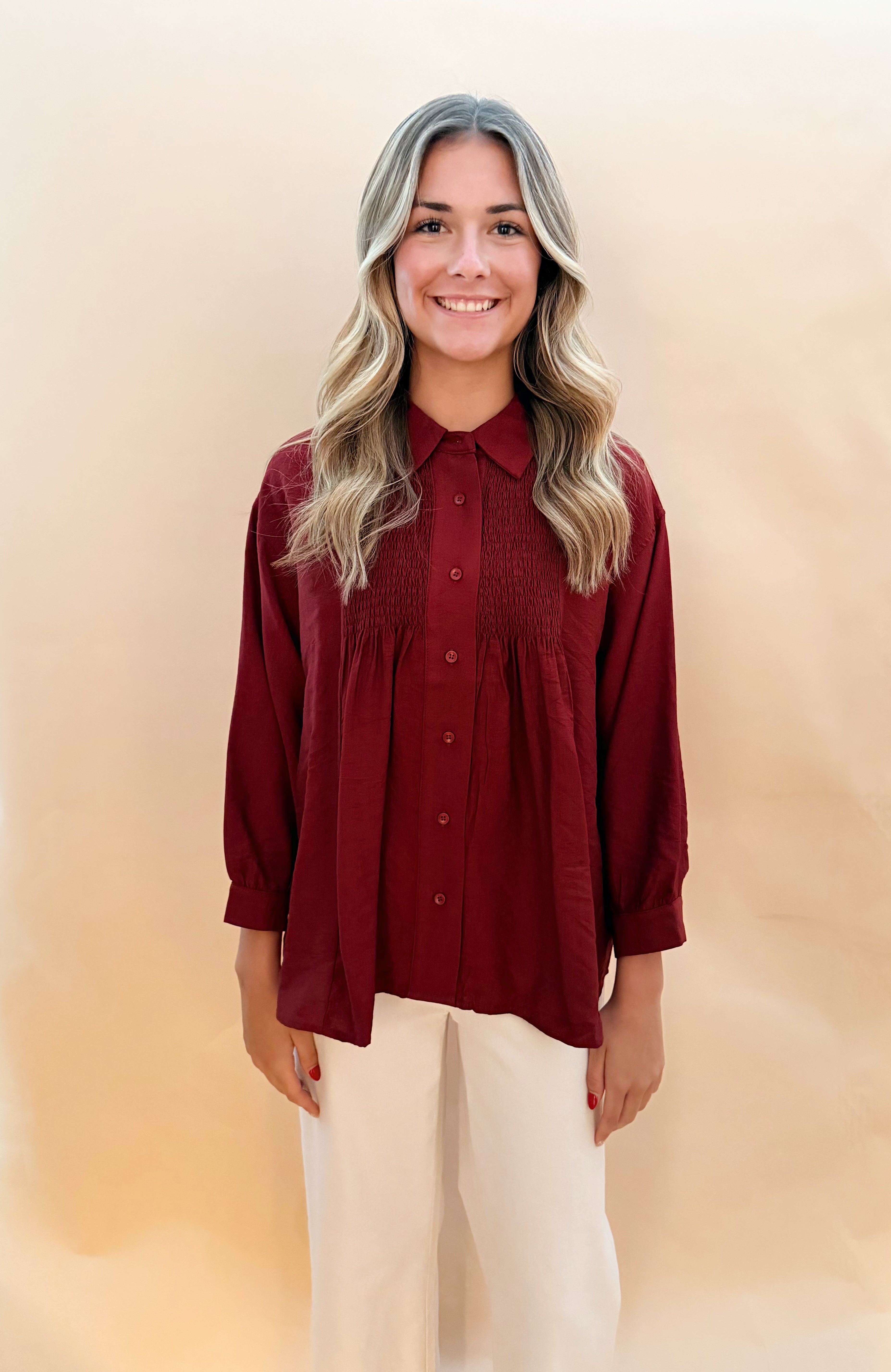 Long sleeved button blouse smock details