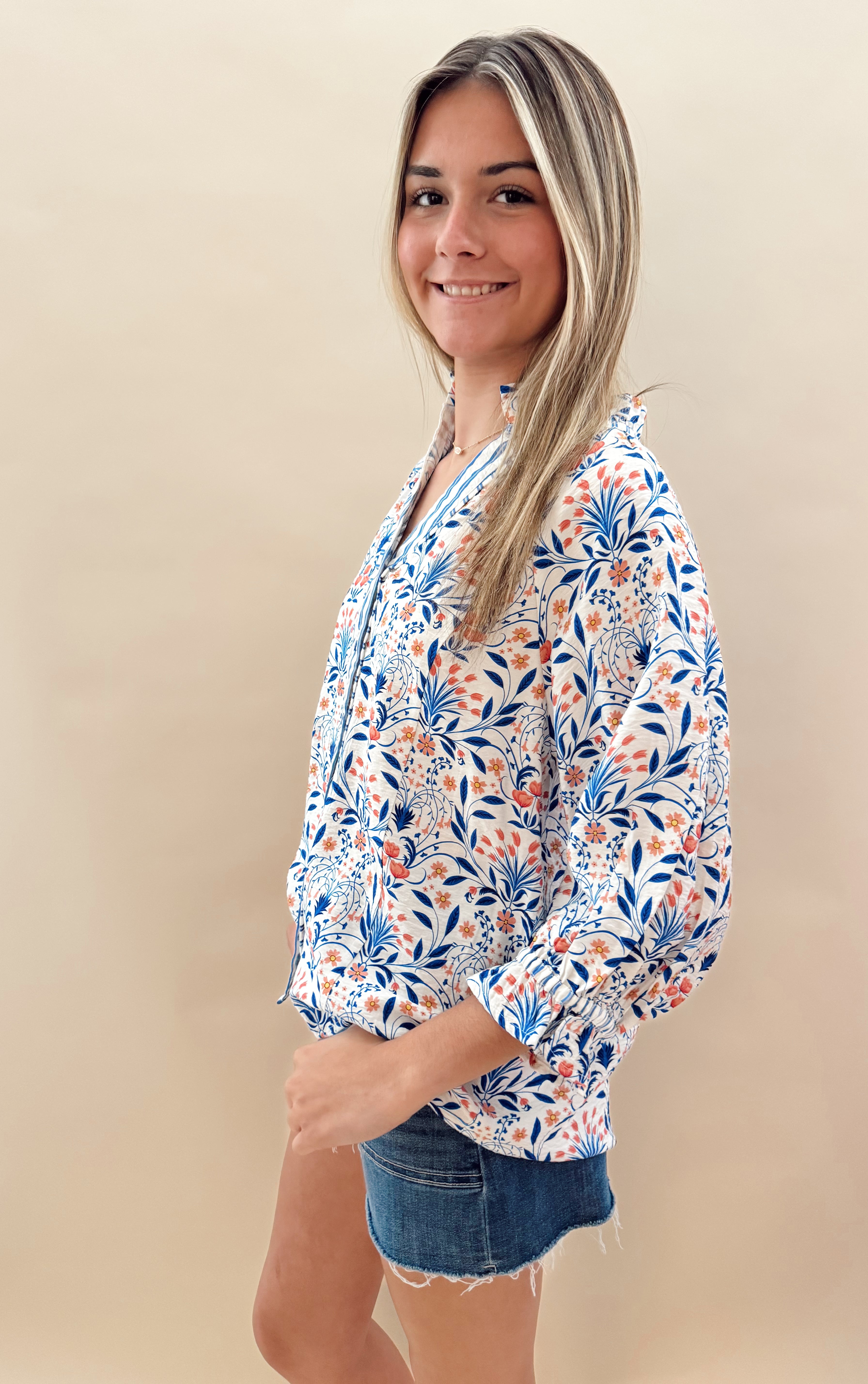 Coral and blue top