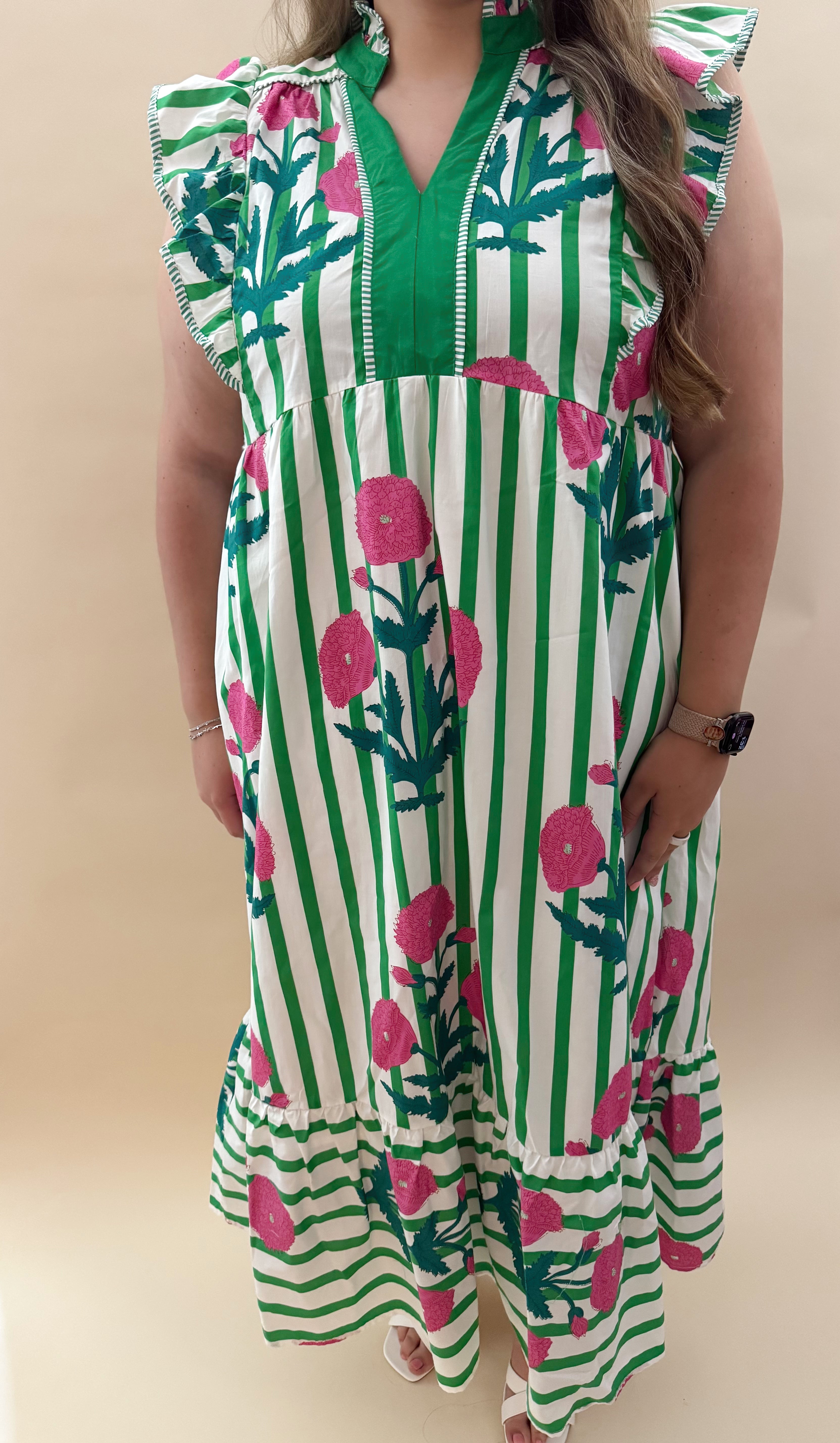 Green and white striped sleeveless dress
