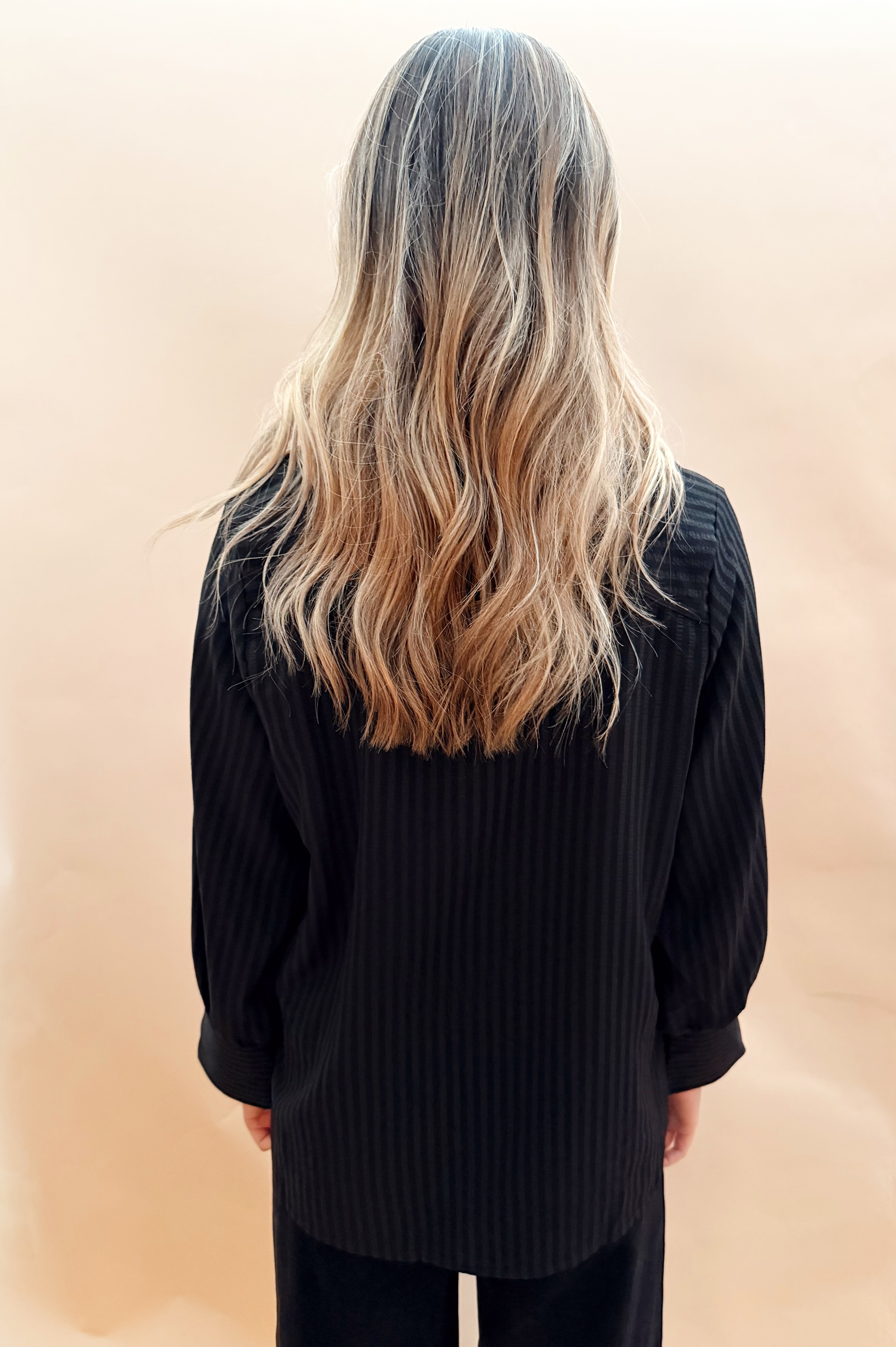 Stripe V-neck Collar Top Front Pleat
