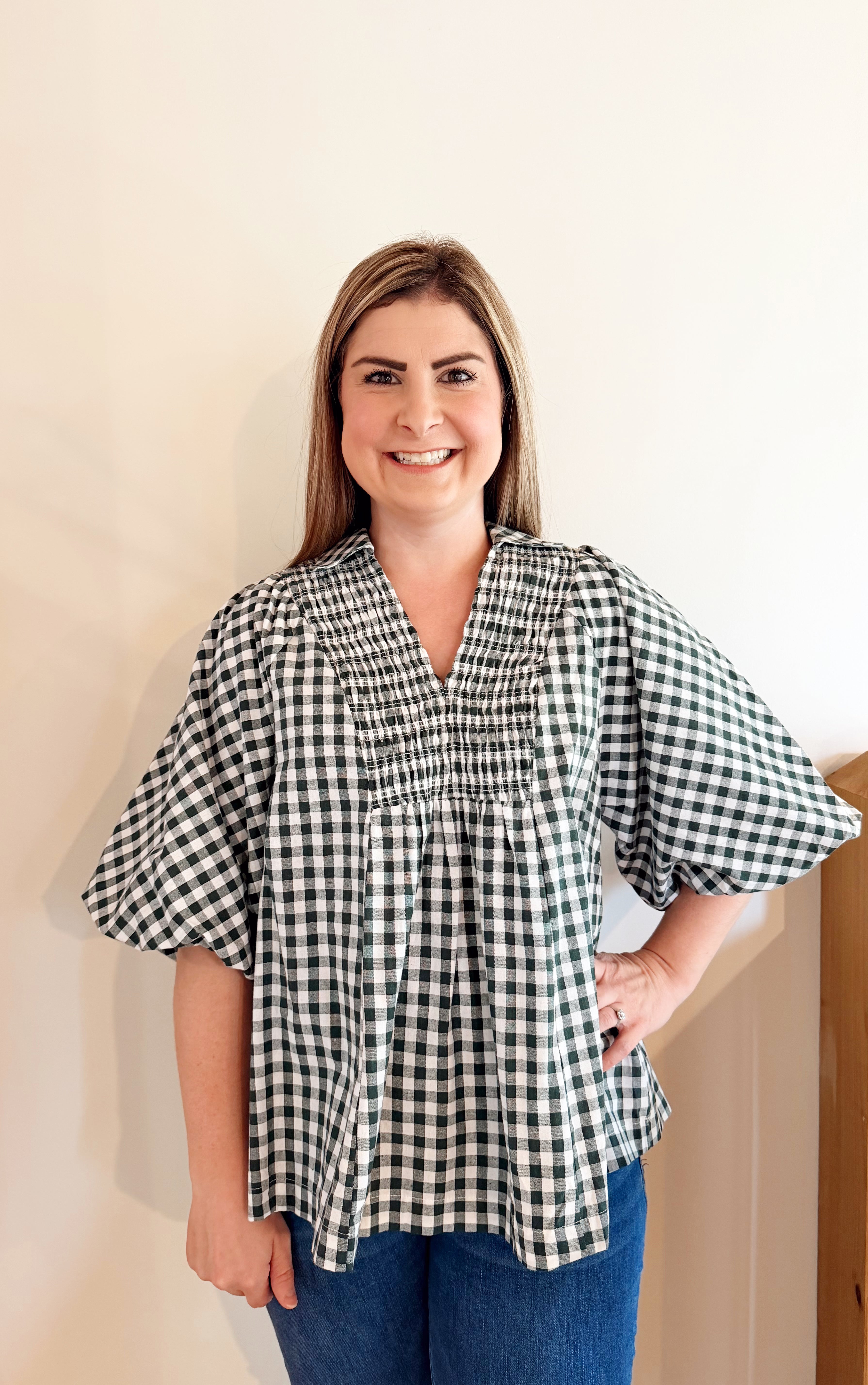 Plaid bubble sleeve top