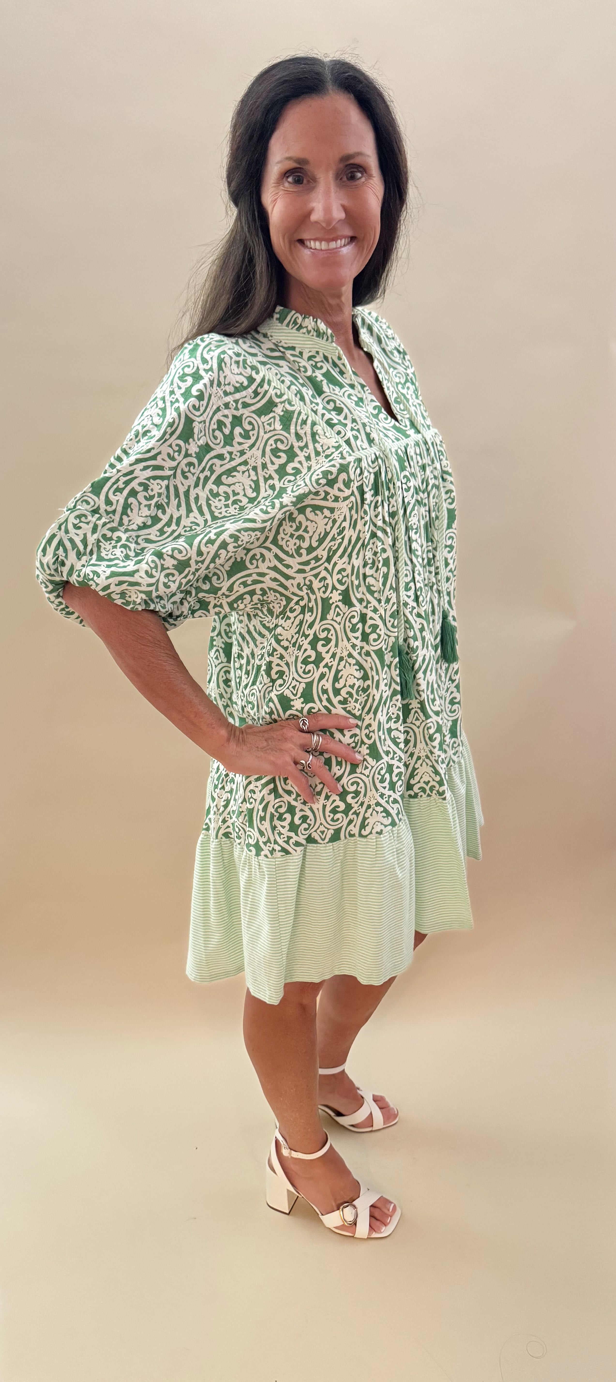 Green Patterned Dress with Striped Bottom Ruffle