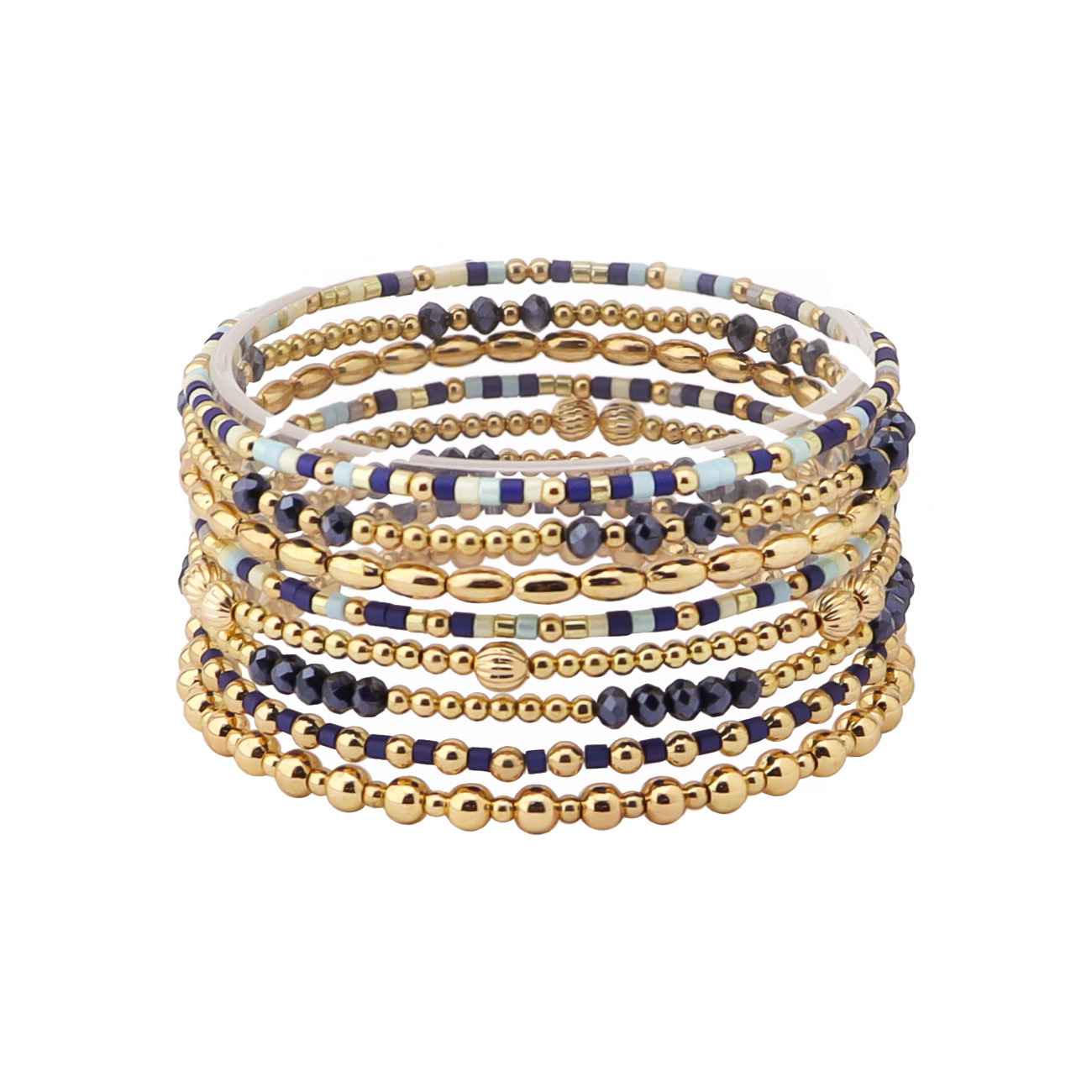 Set of 8 Bead & Crystal Gold Stretch Bracelet