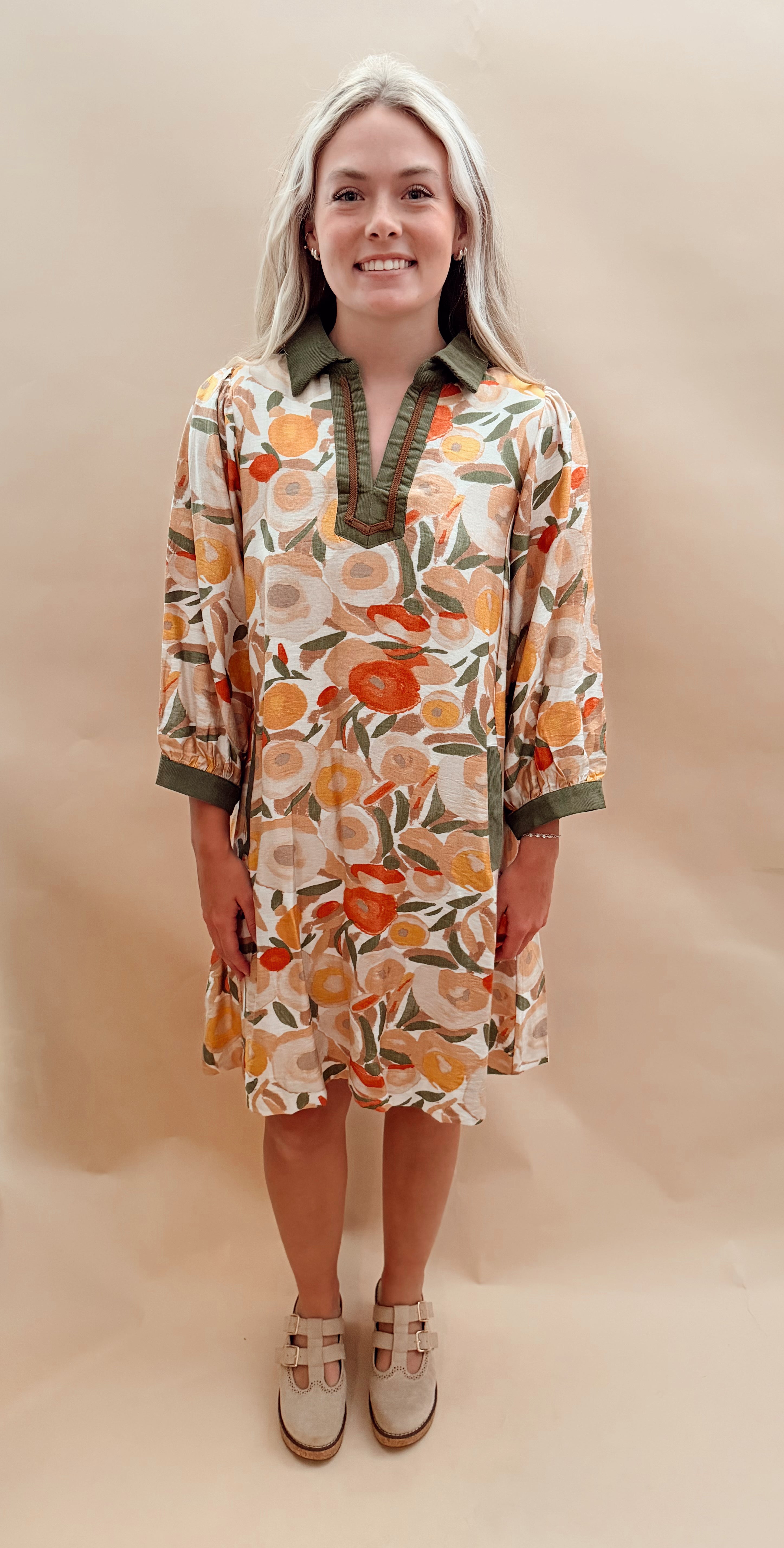Collared puff sleeve print dress