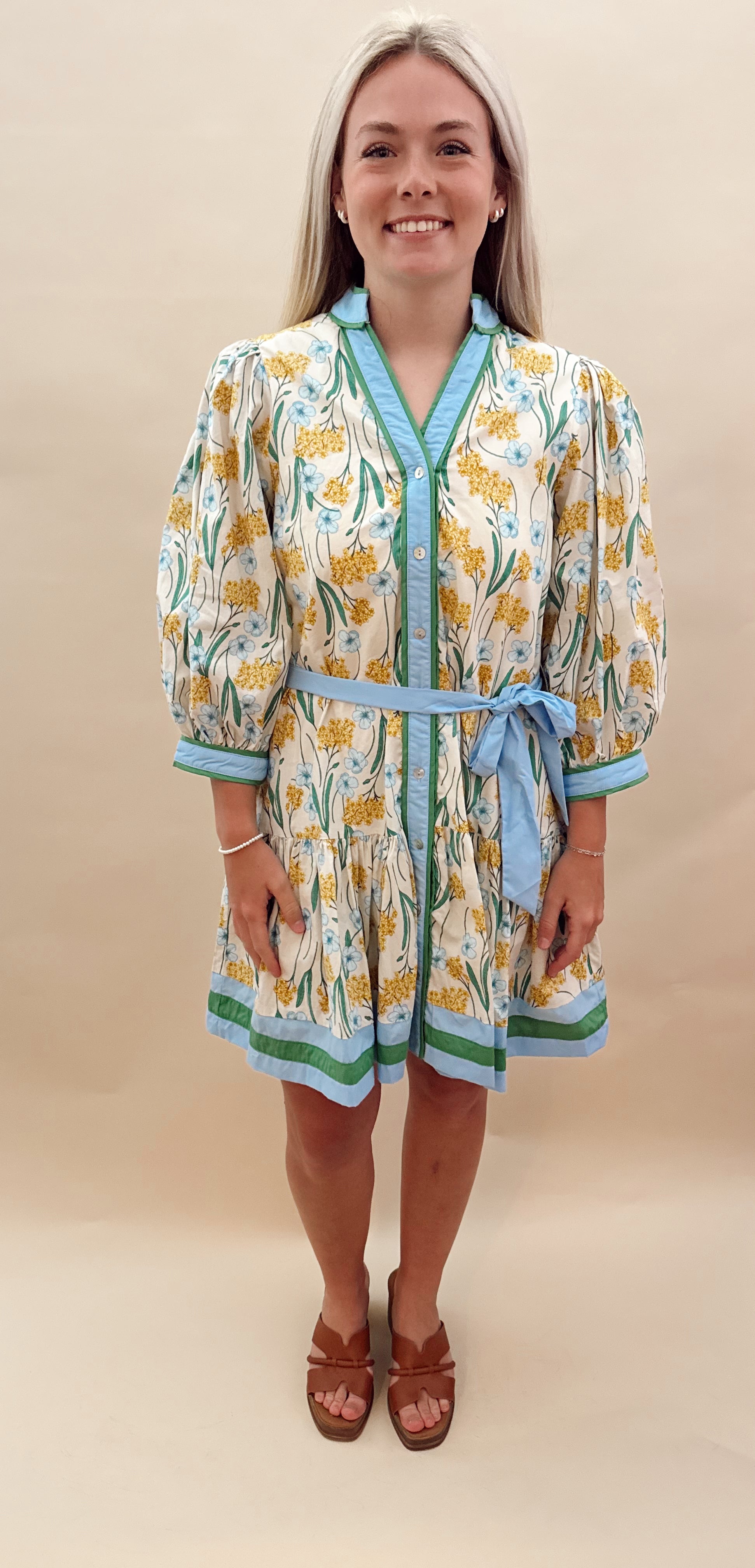 Yellow blue waist tie dress