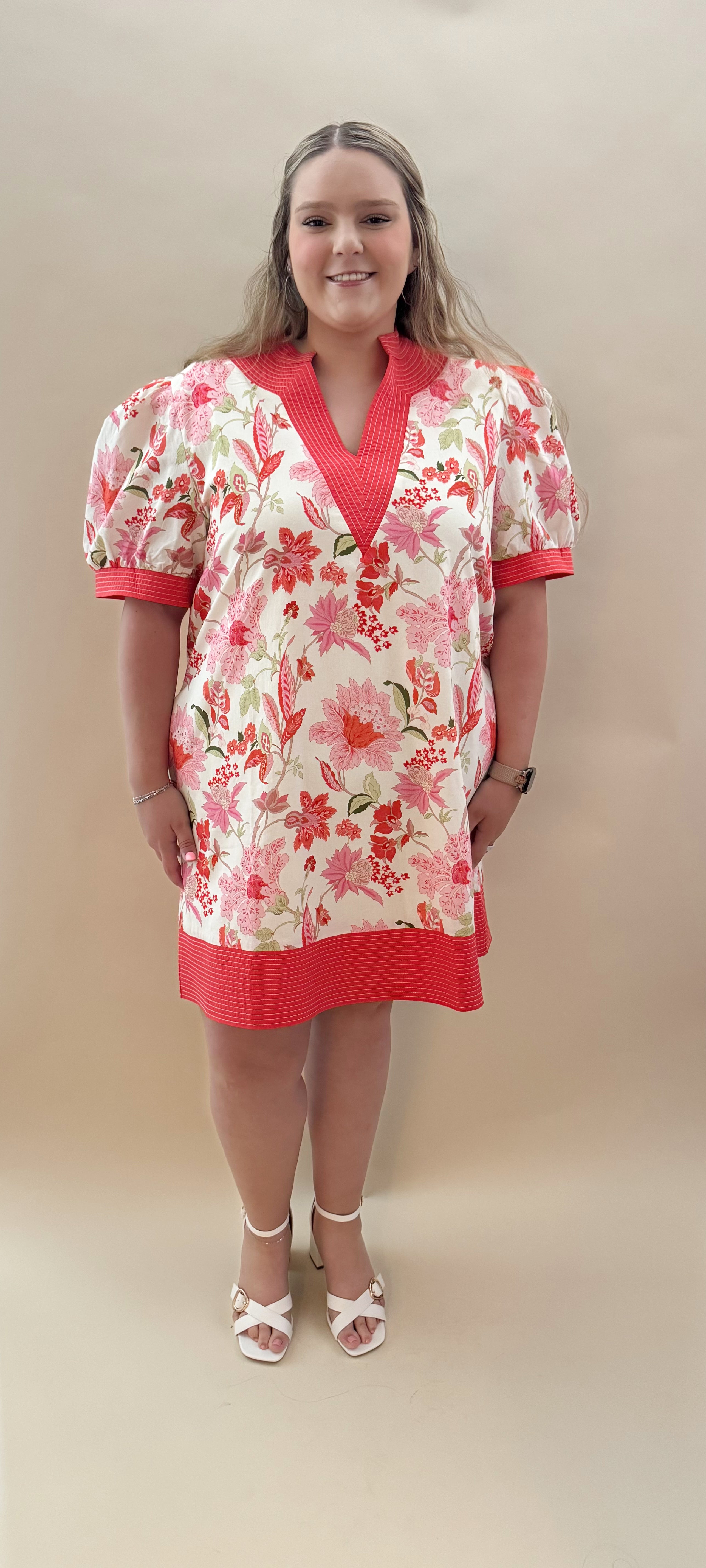 Coral Floral V-neck Dress