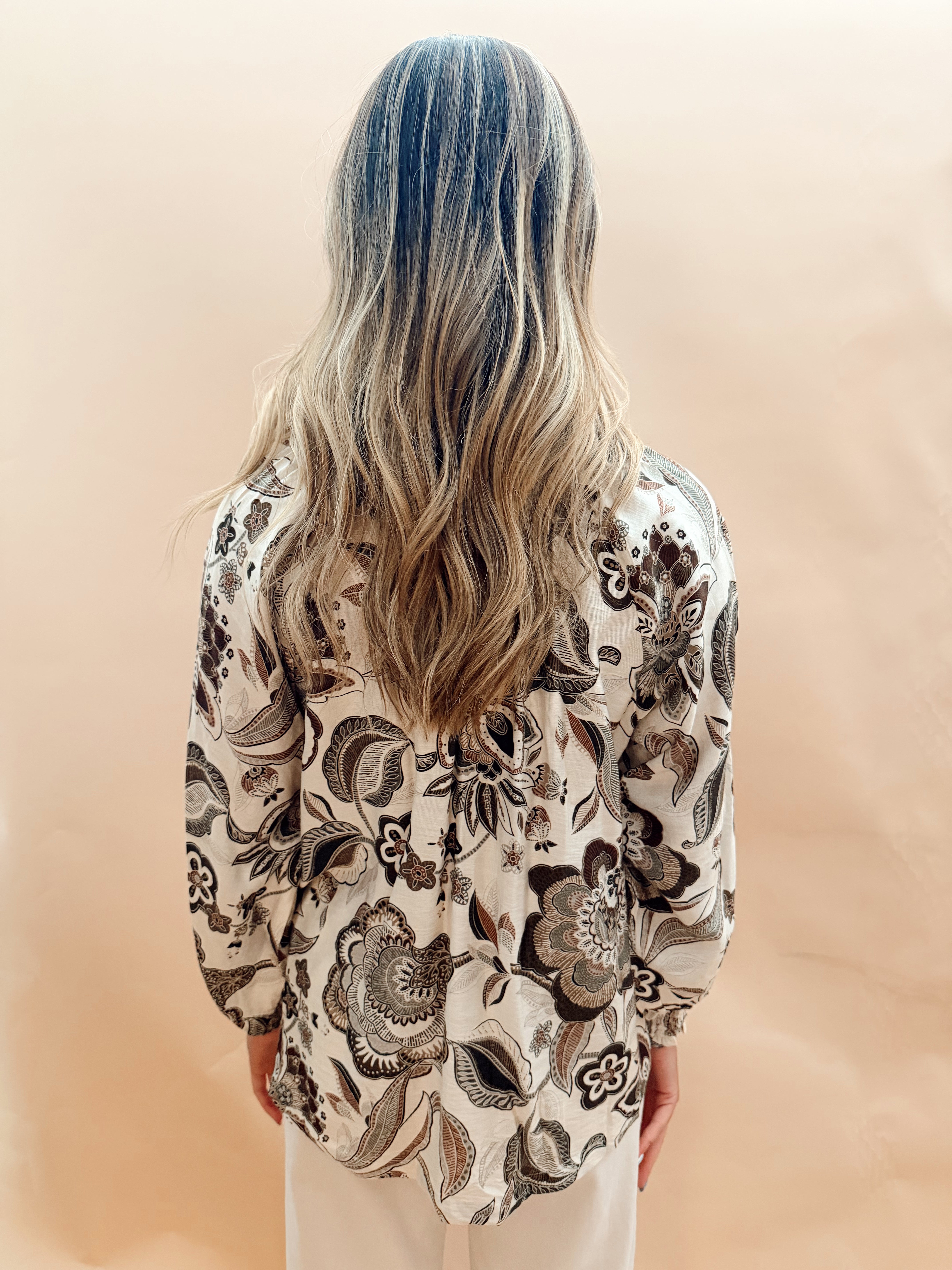 Abstract Print Smocked Neck Top