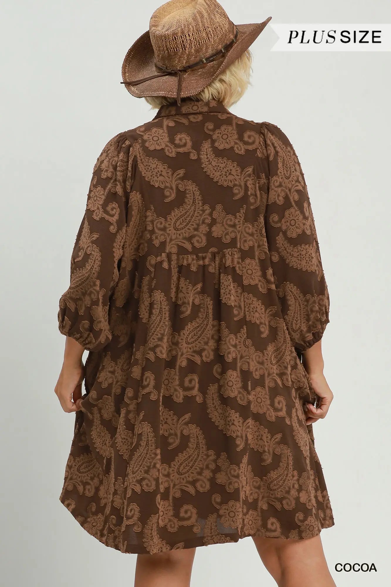 Puff Sleeve Textured Paisley Shift Dress