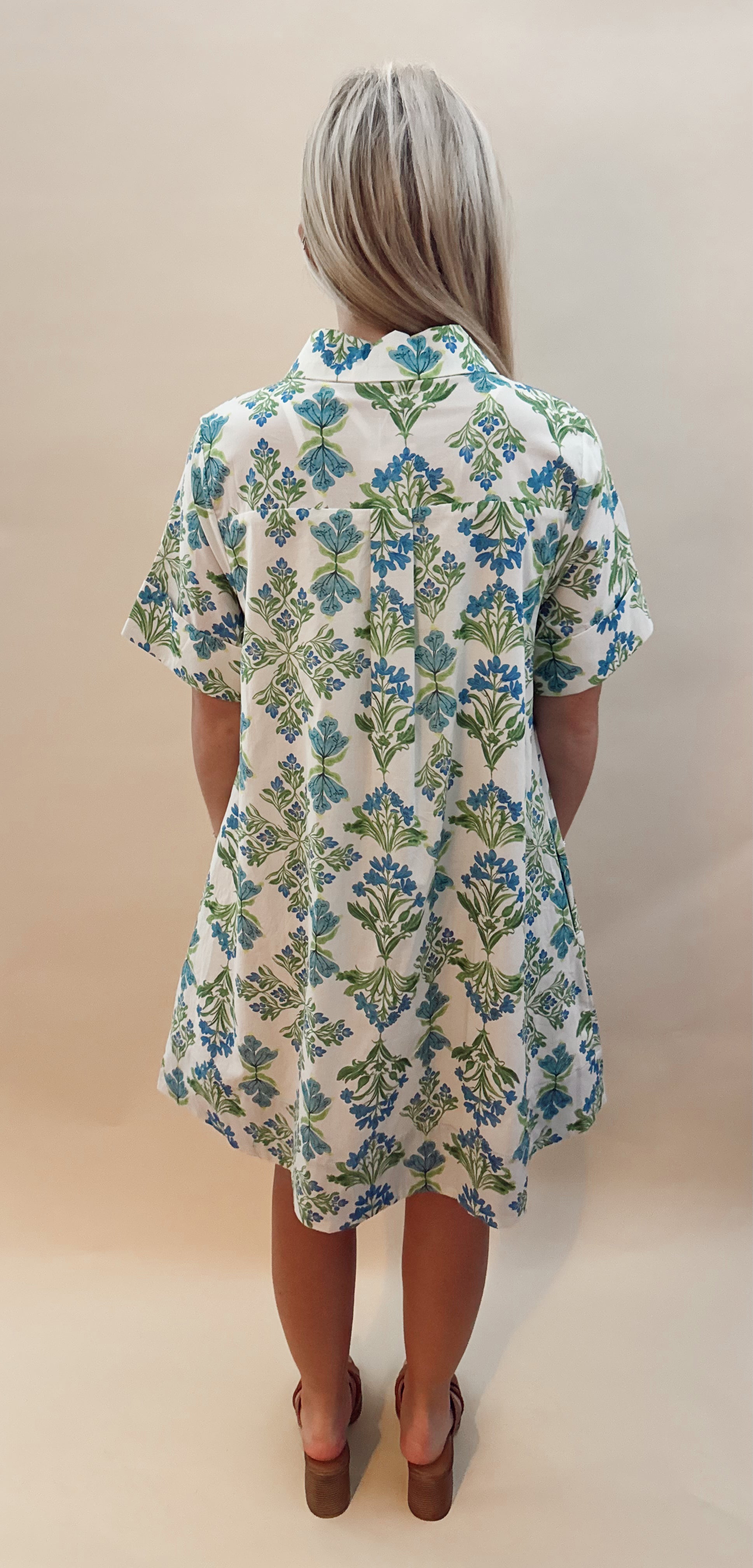 Blue and Green Floral Button Up Dress