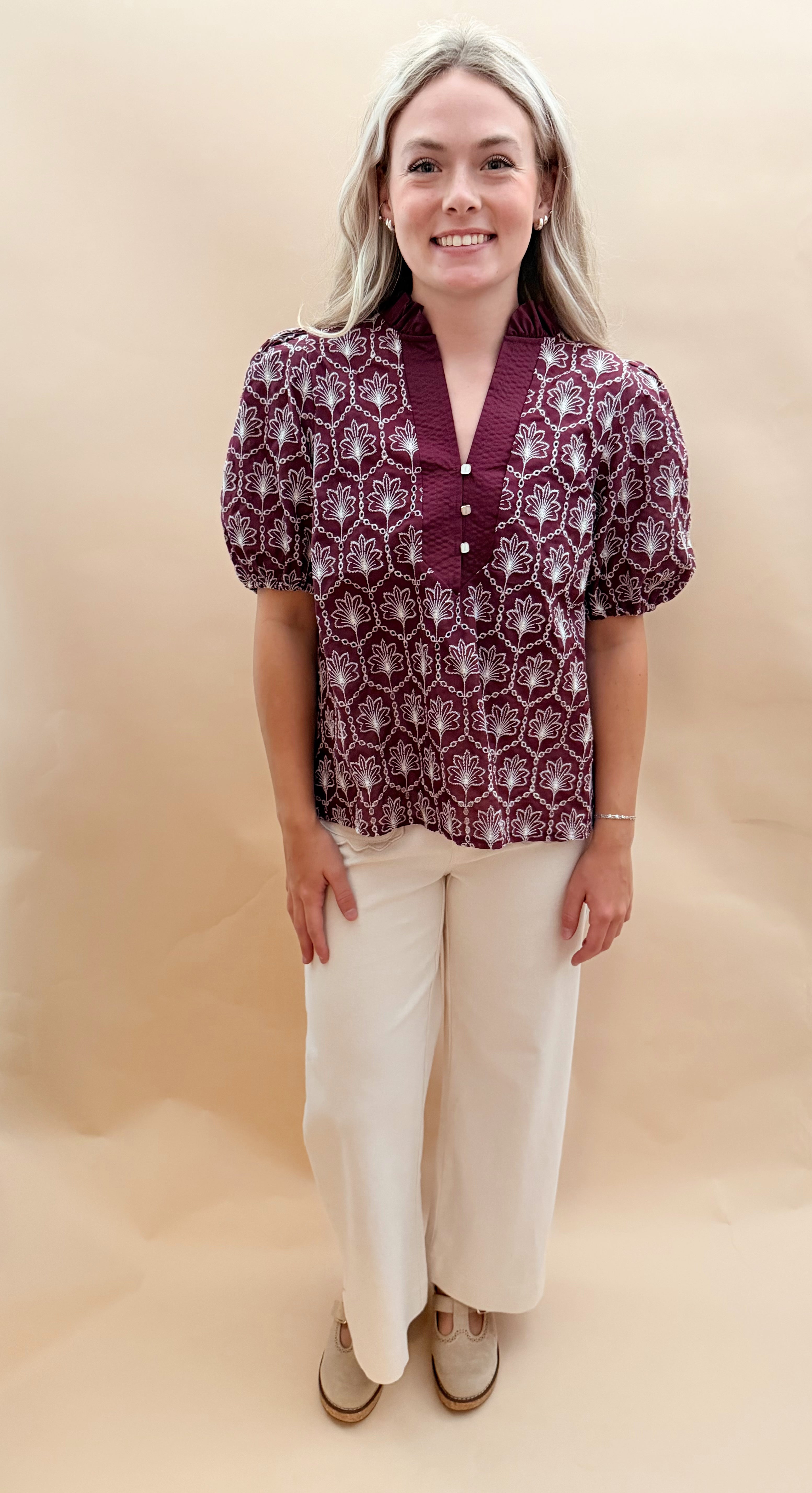 Ruffled Neck Patterned Blouse