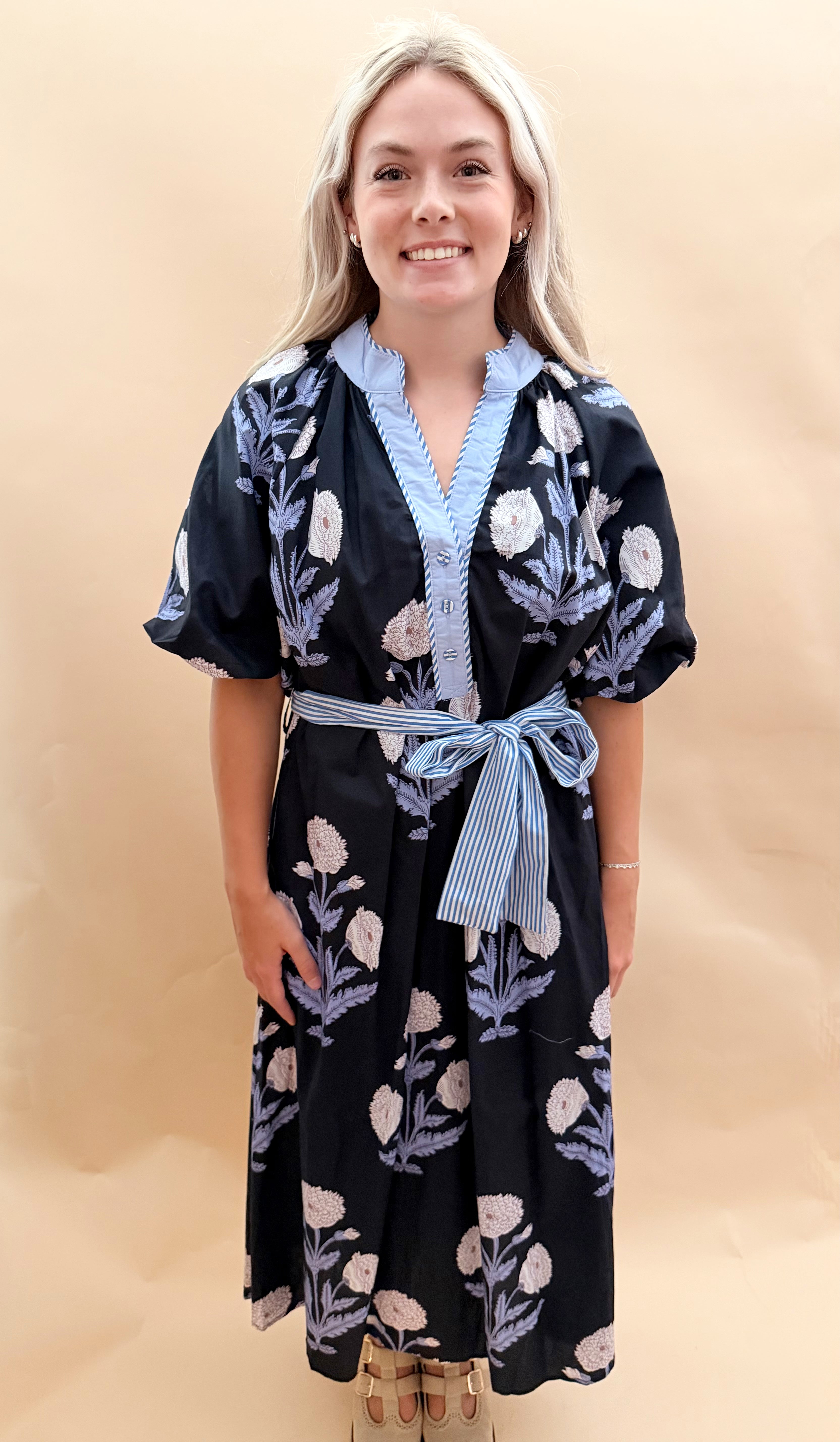 Floral print vneck maxi dress with stripe