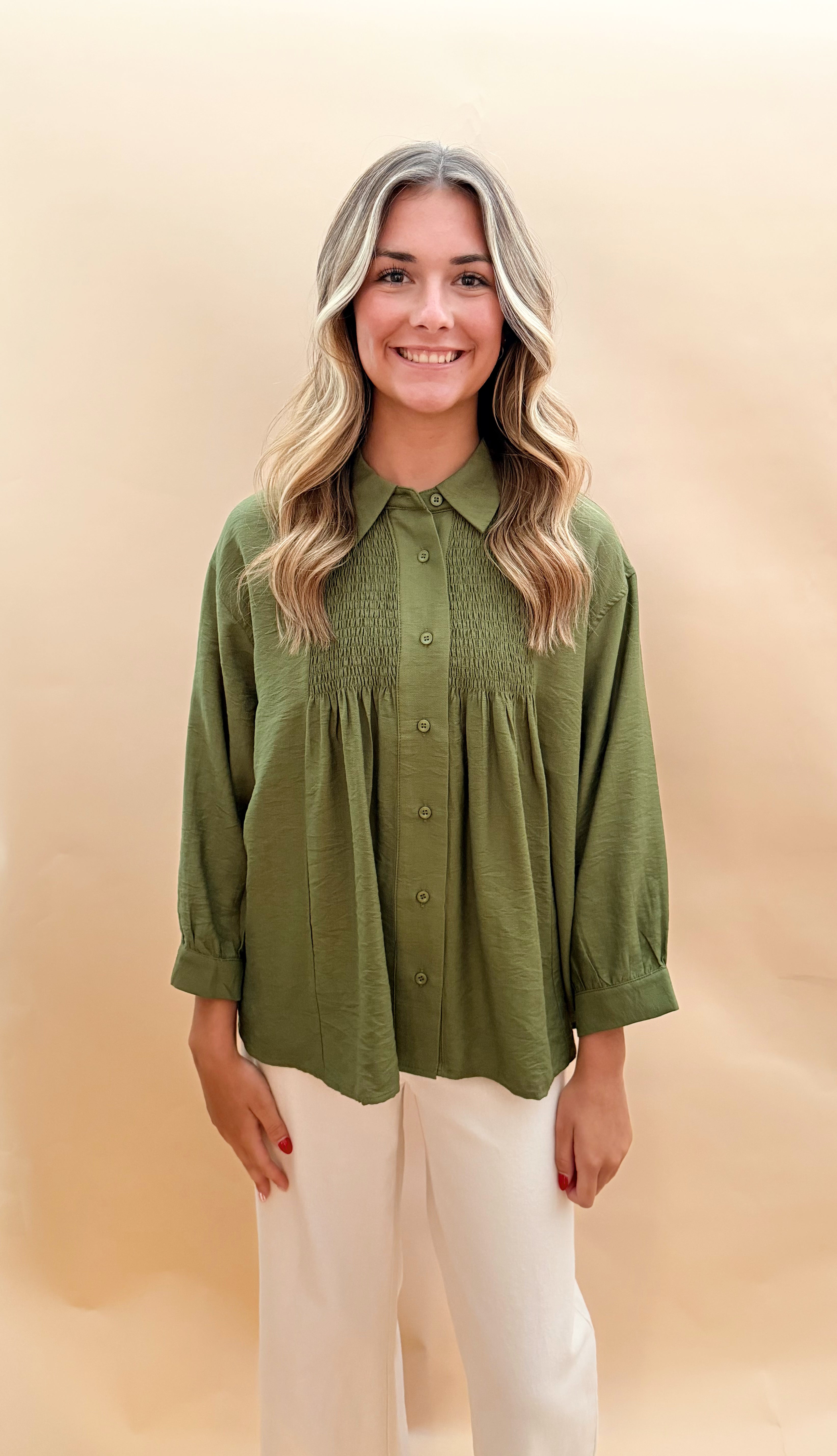 Long sleeved button blouse smock details