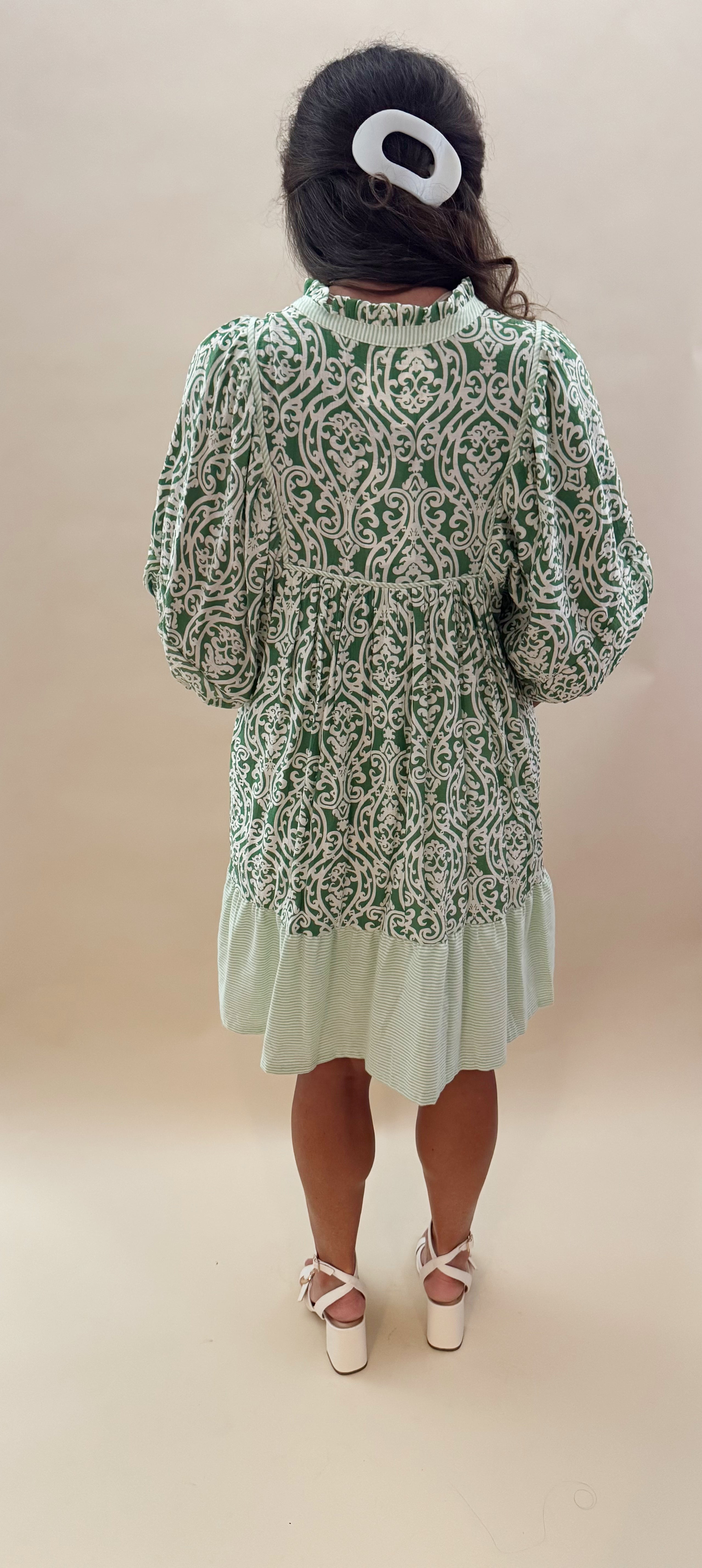 Green Patterned Dress with Striped Bottom Ruffle