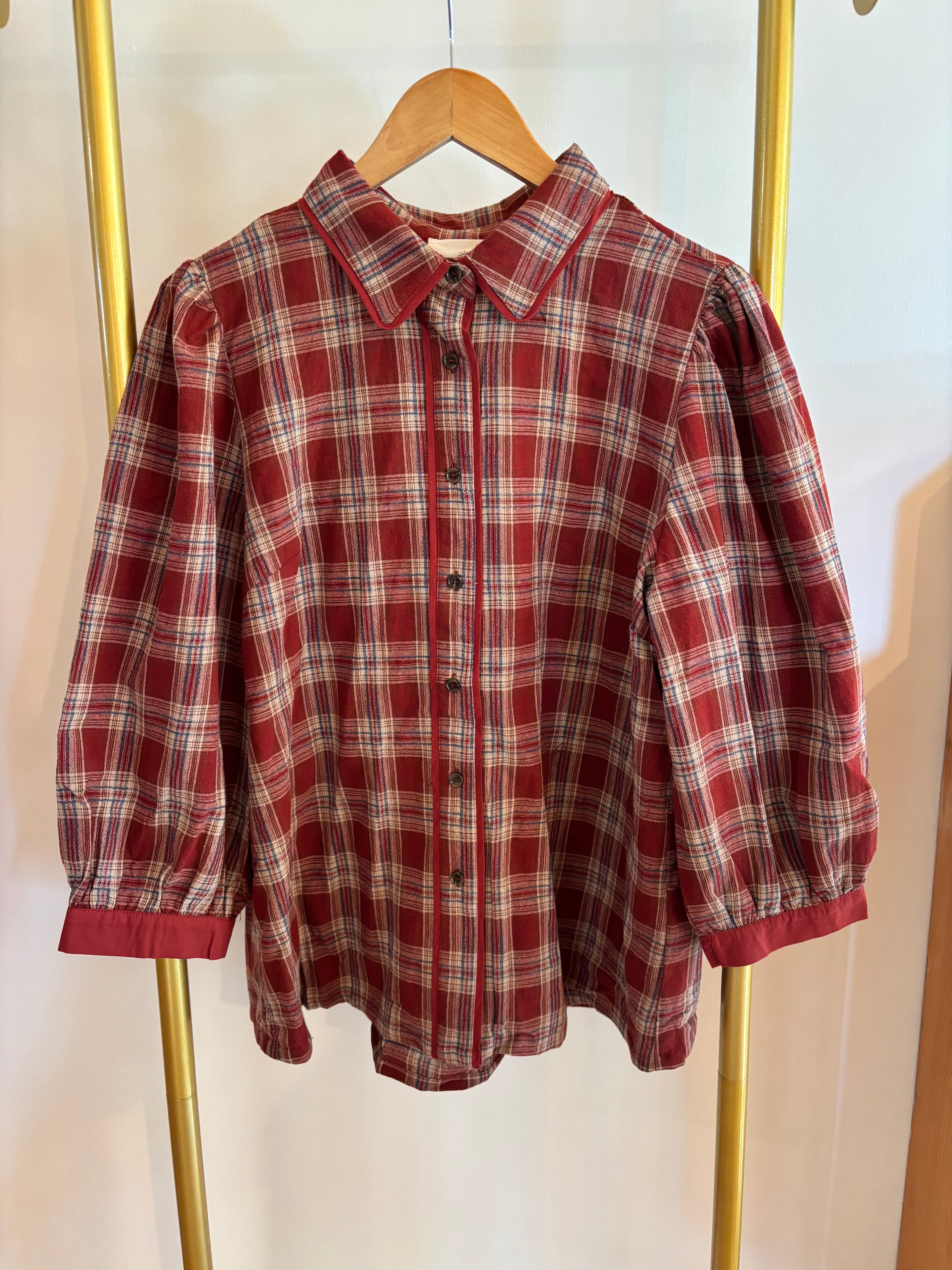 Checkered puff sleeve button down
