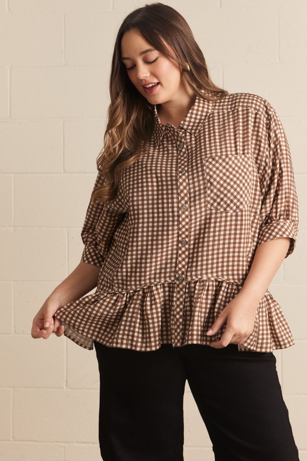 Gingham Ruffle Bottom Blouse