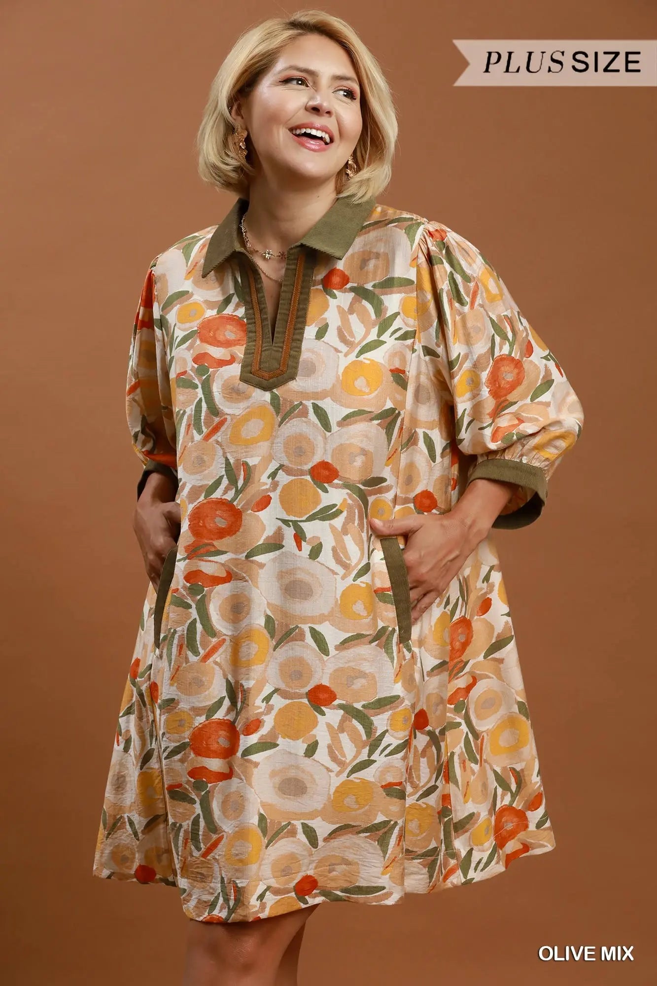 Collared puff sleeve print dress
