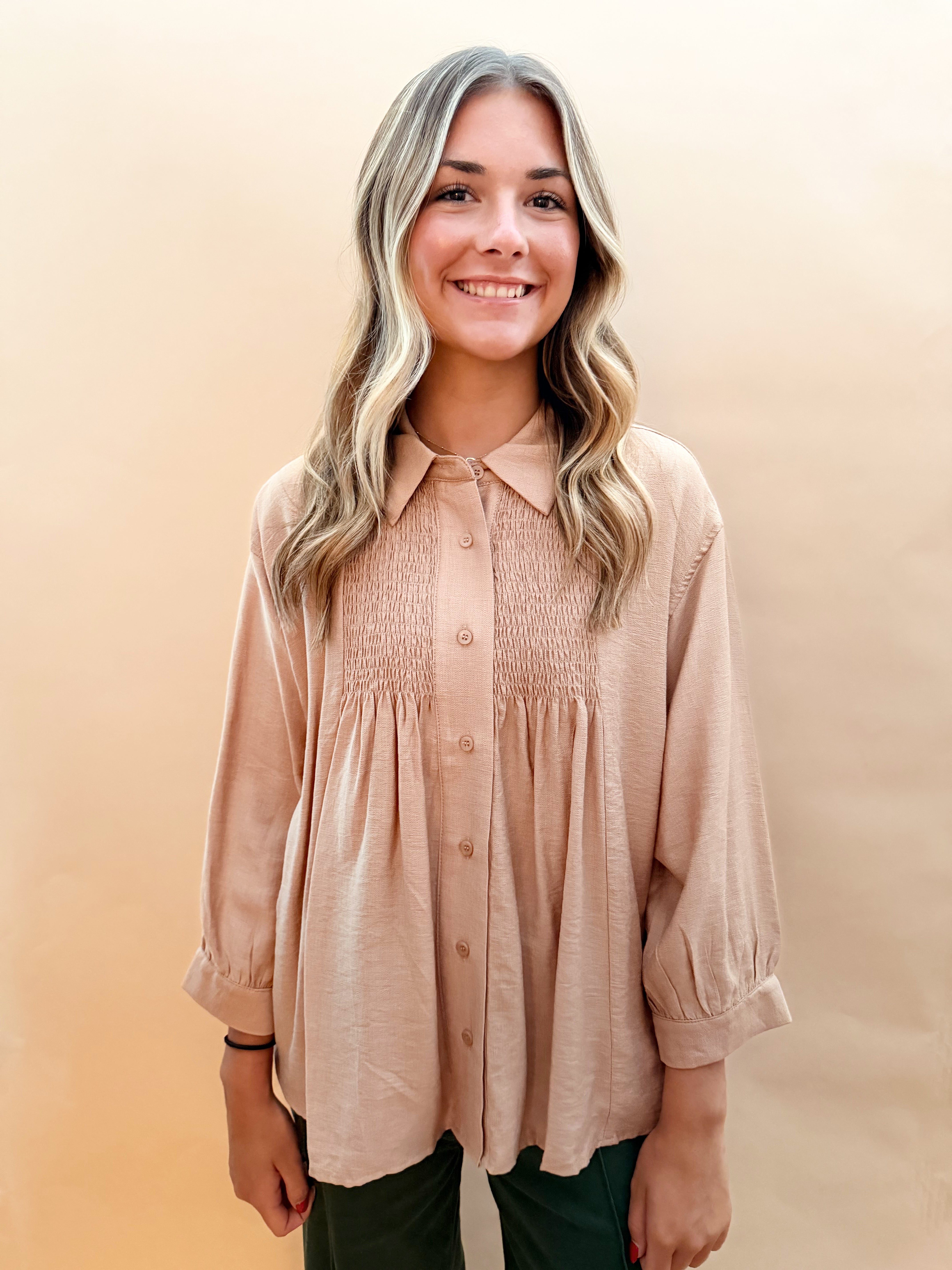 Long sleeved button blouse smock details