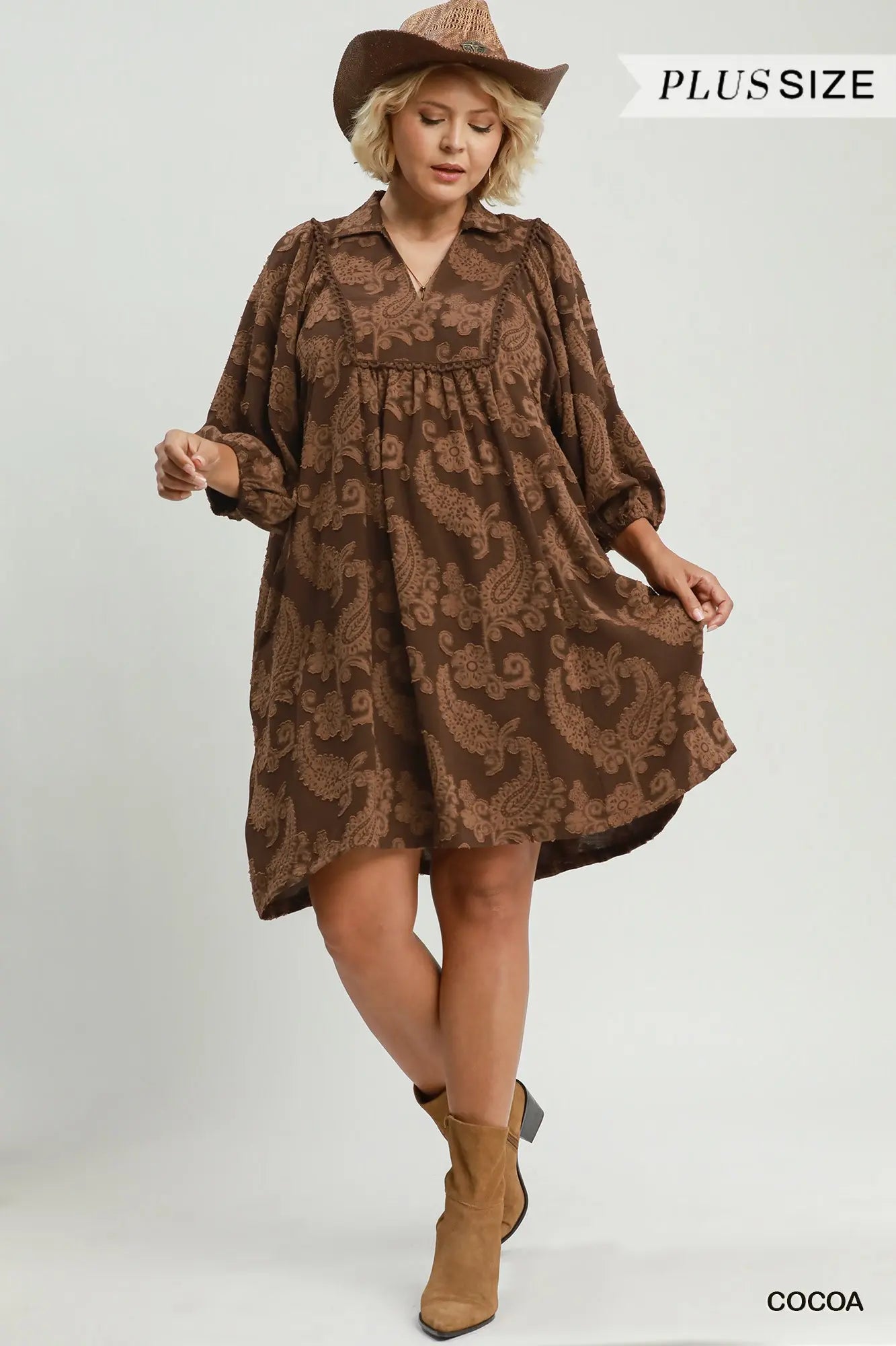 Puff Sleeve Textured Paisley Shift Dress