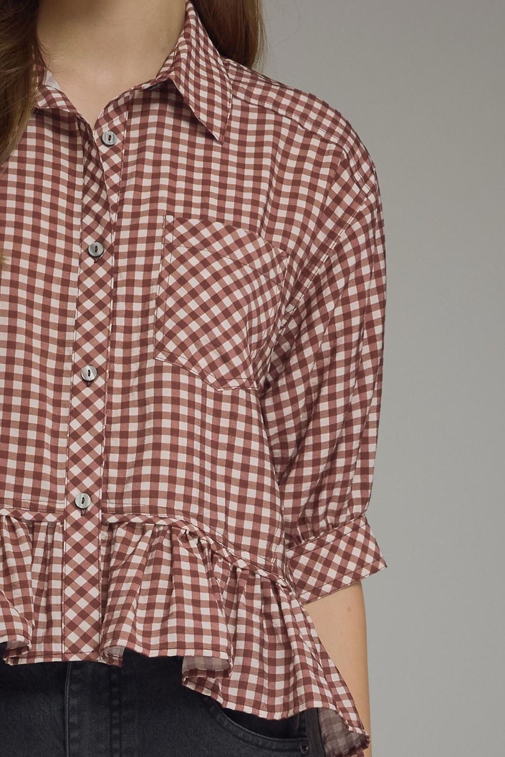 Gingham peplum button down top