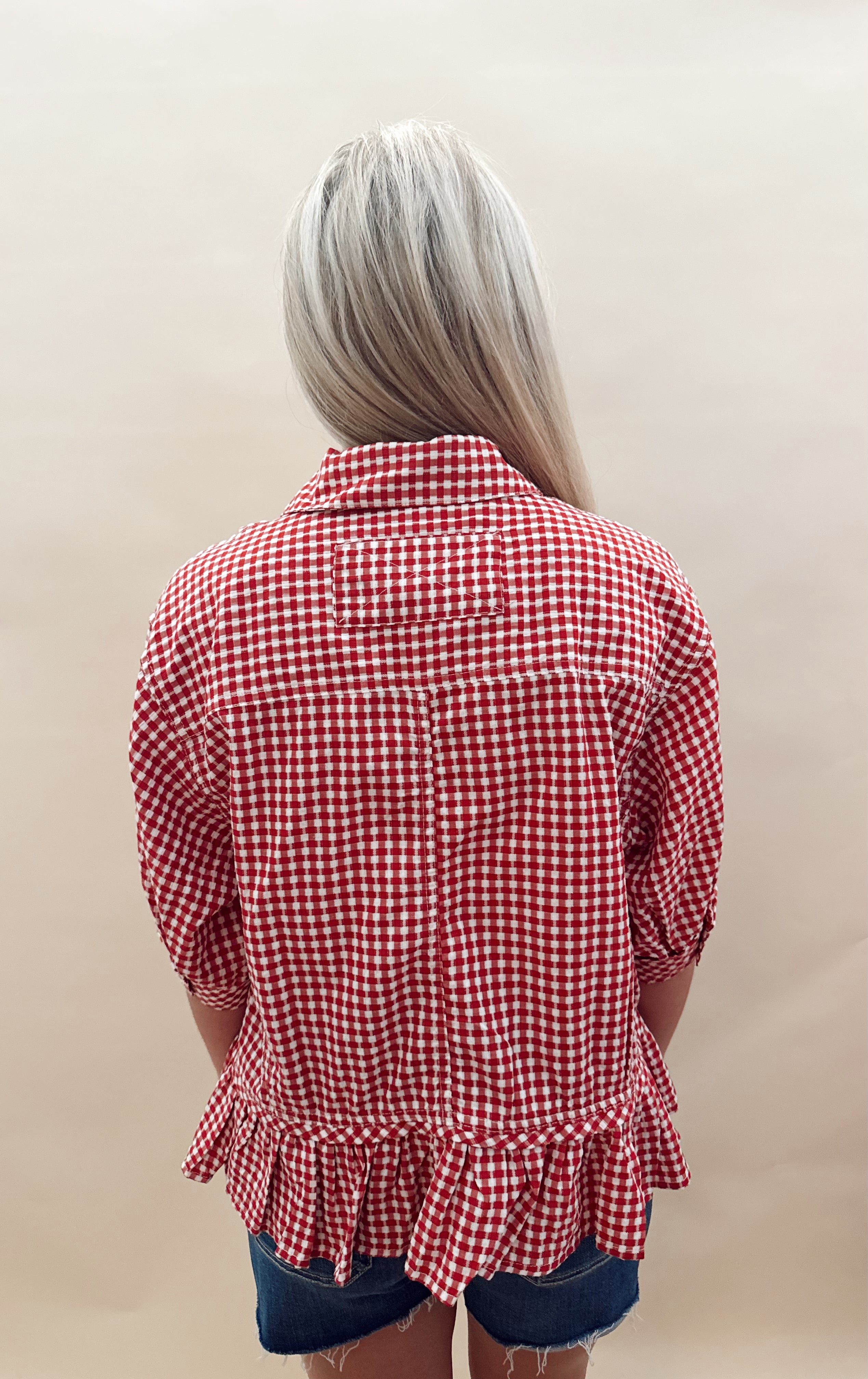 Red checkered button down top