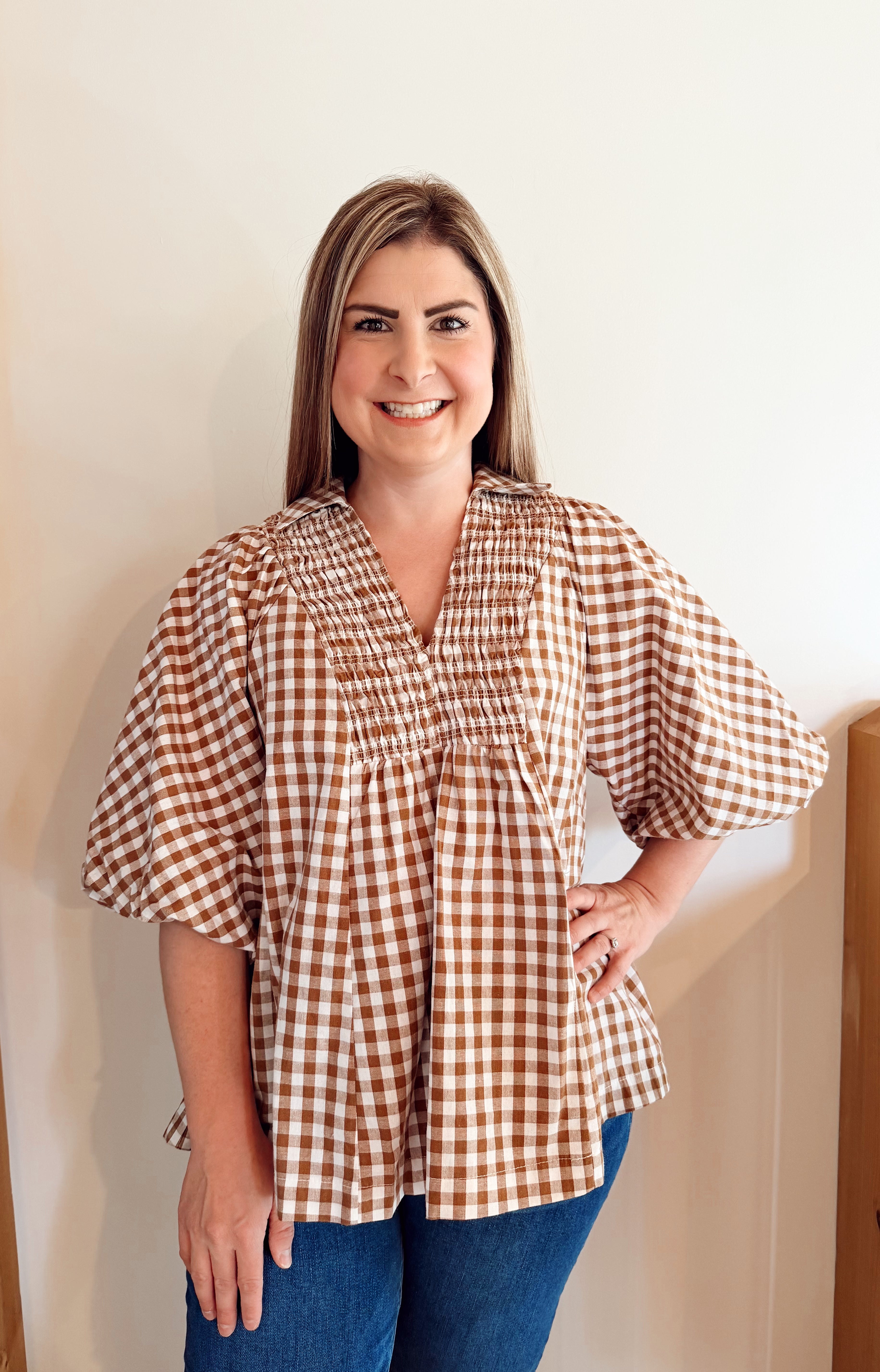 Plaid bubble sleeve top