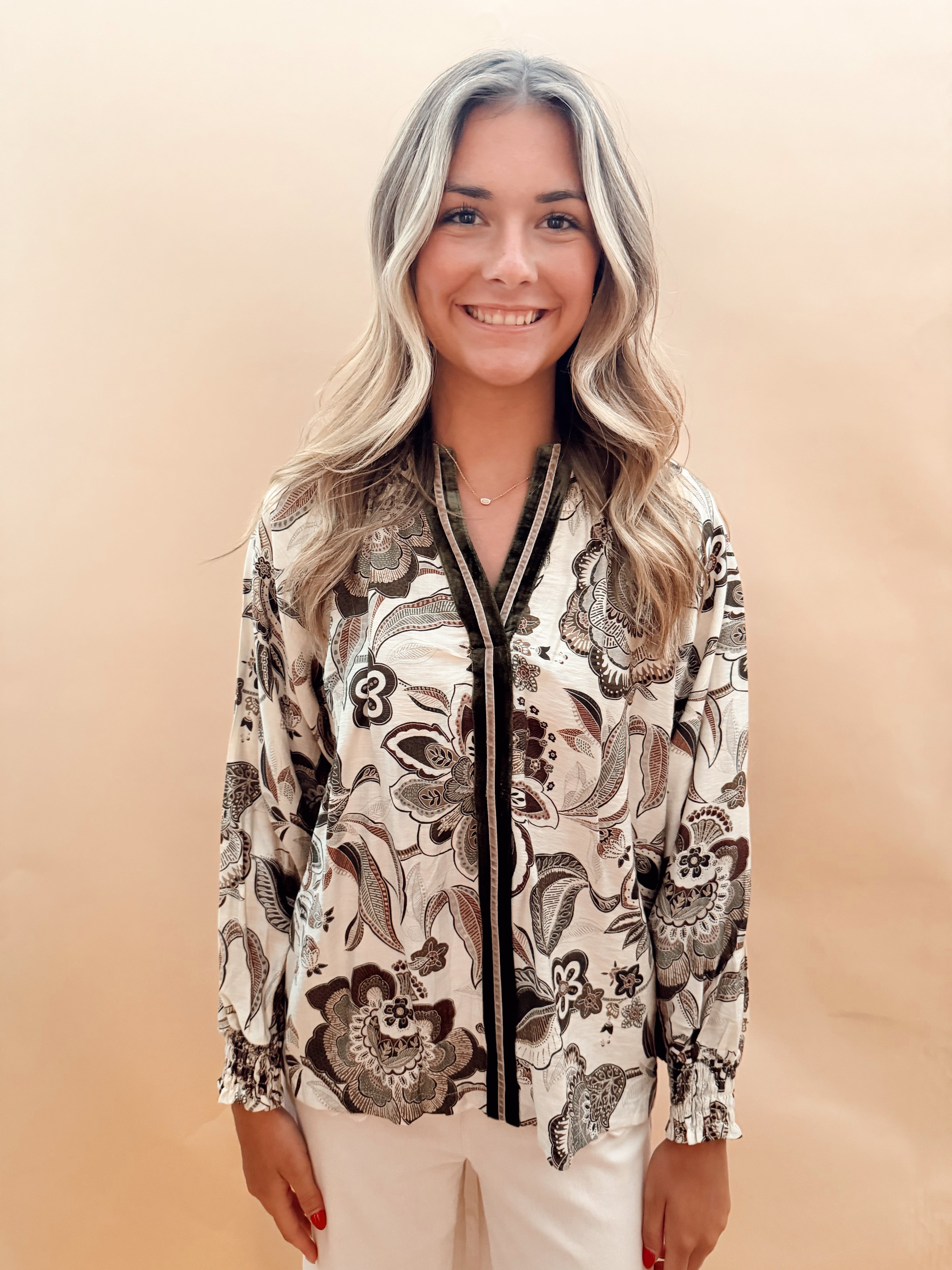 Abstract Print Smocked Neck Top