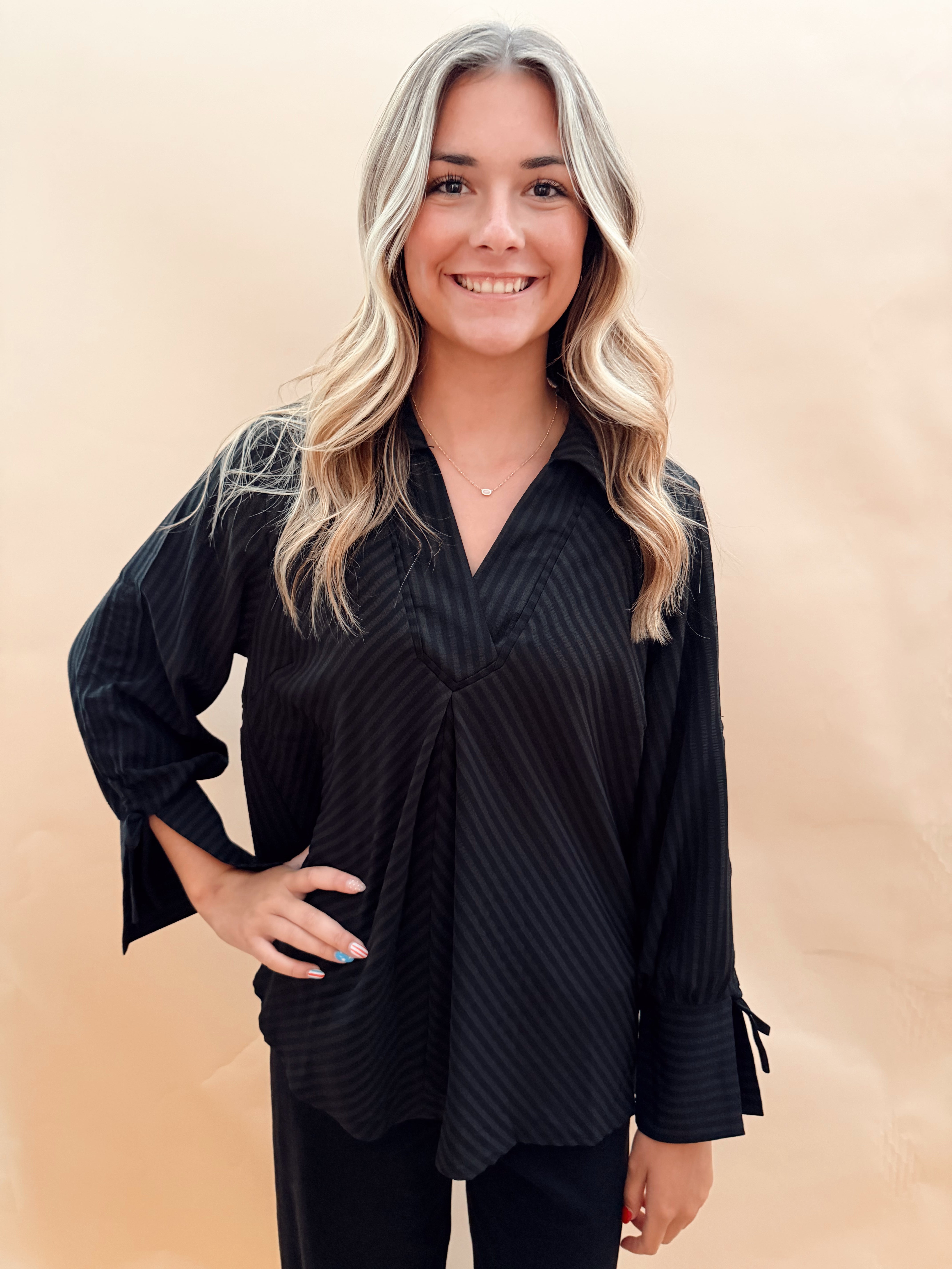 Stripe V-neck Collar Top Front Pleat