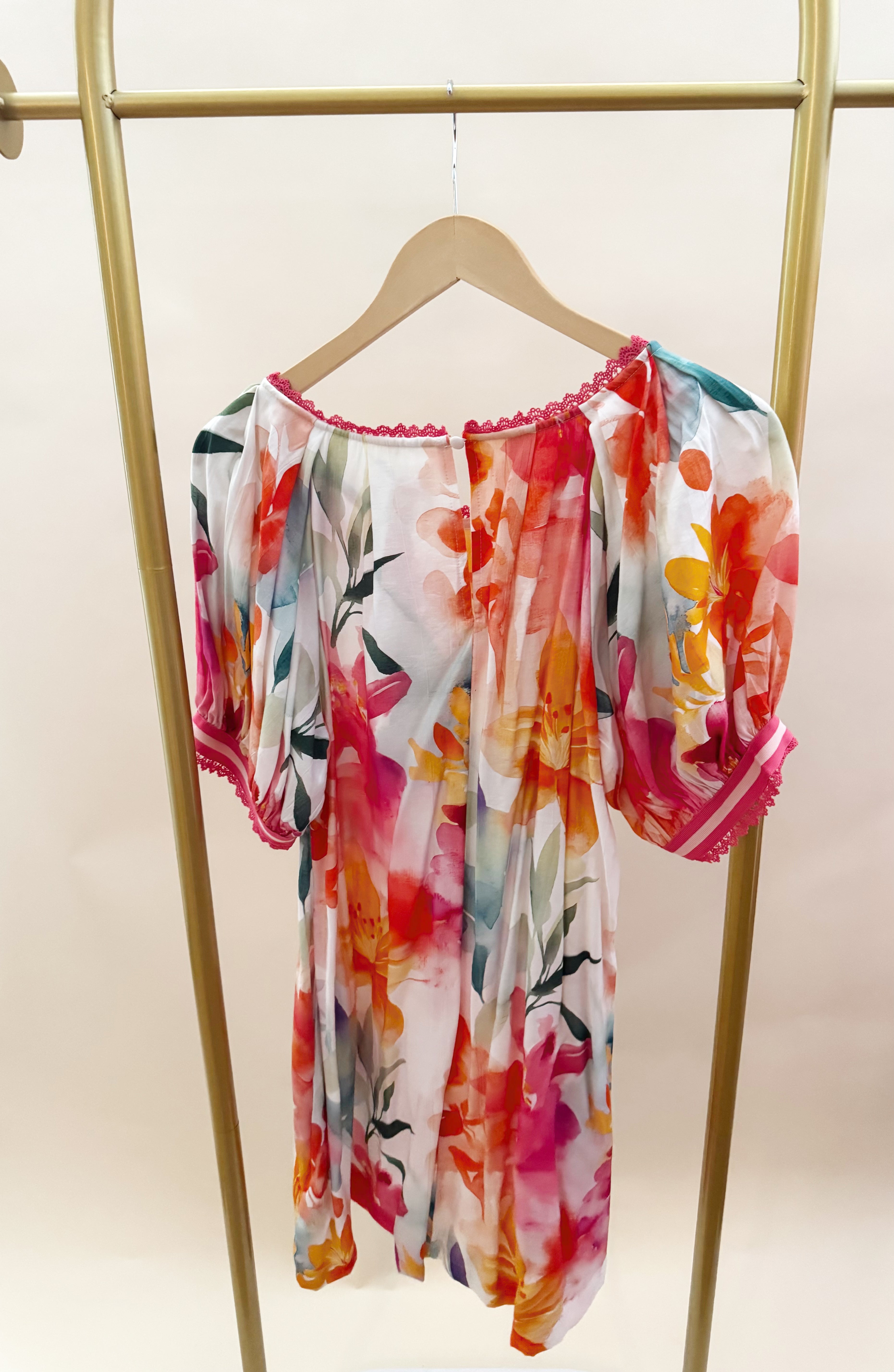 Floral Dress with Pink Lace Details