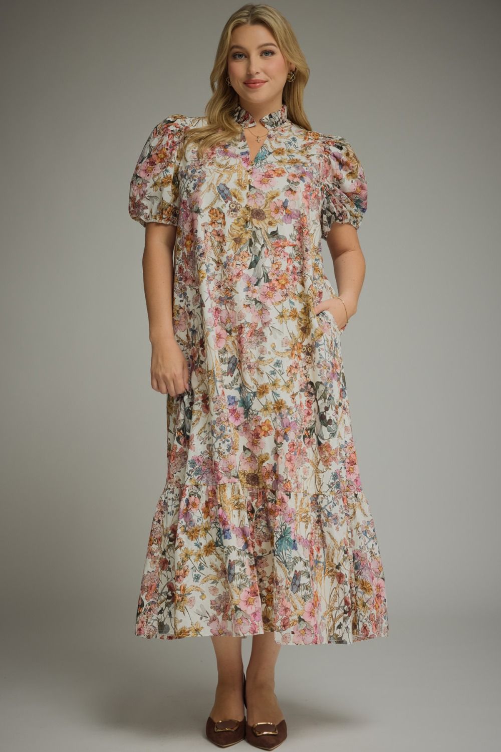 Floral print eyelet maxi dress