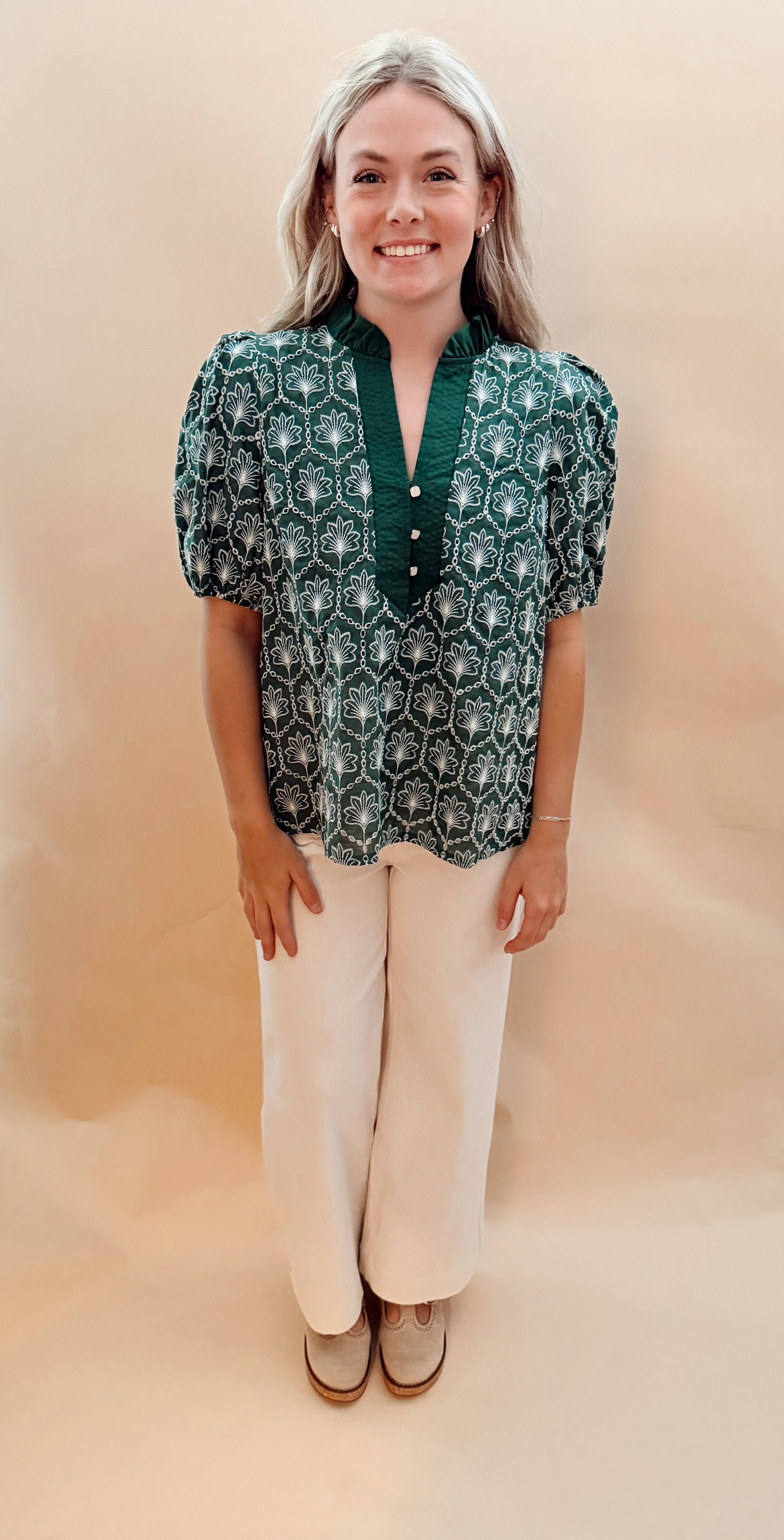 Ruffled Neck Patterned Blouse