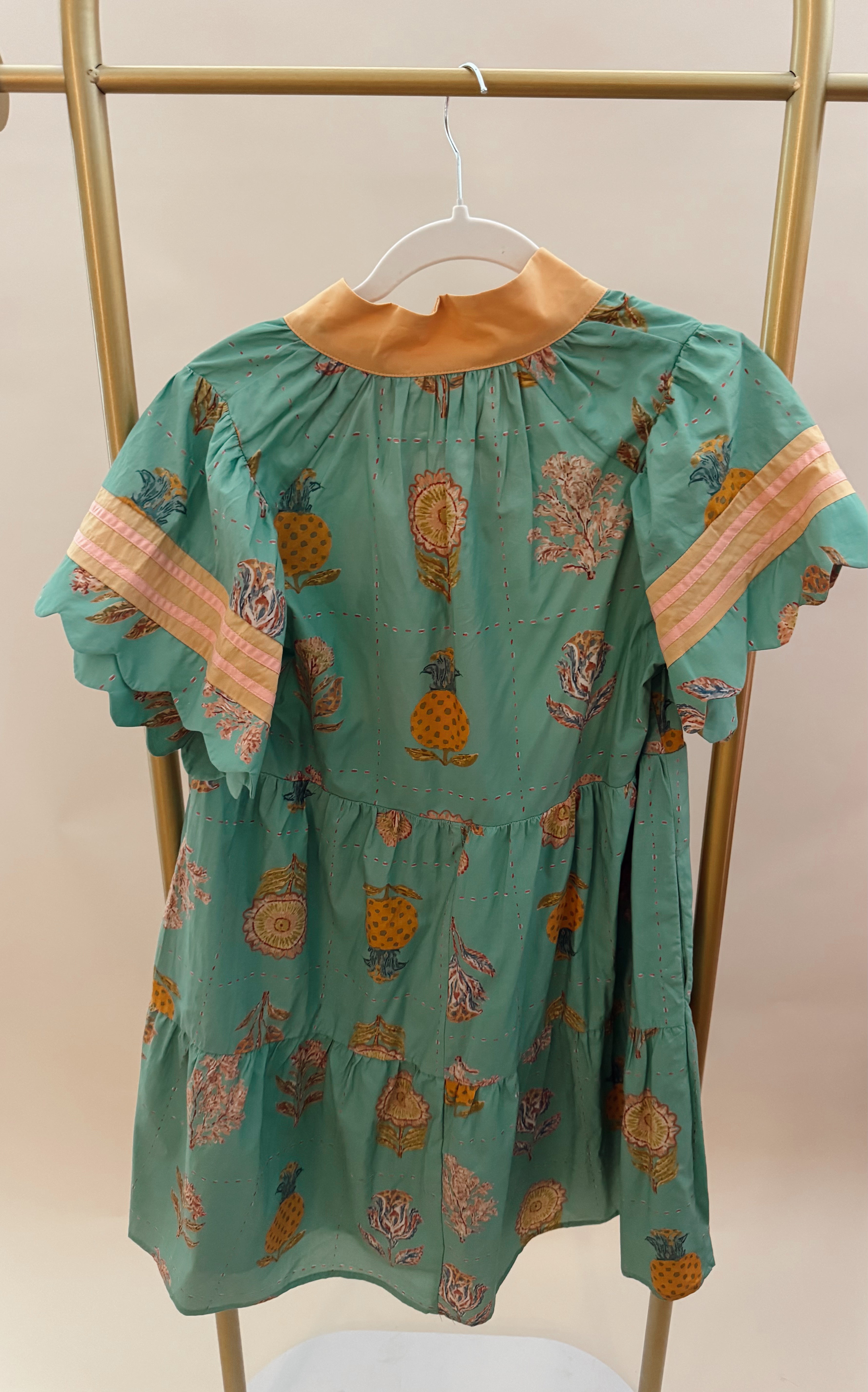 Orange and Green Scalloped Sleeve Dress