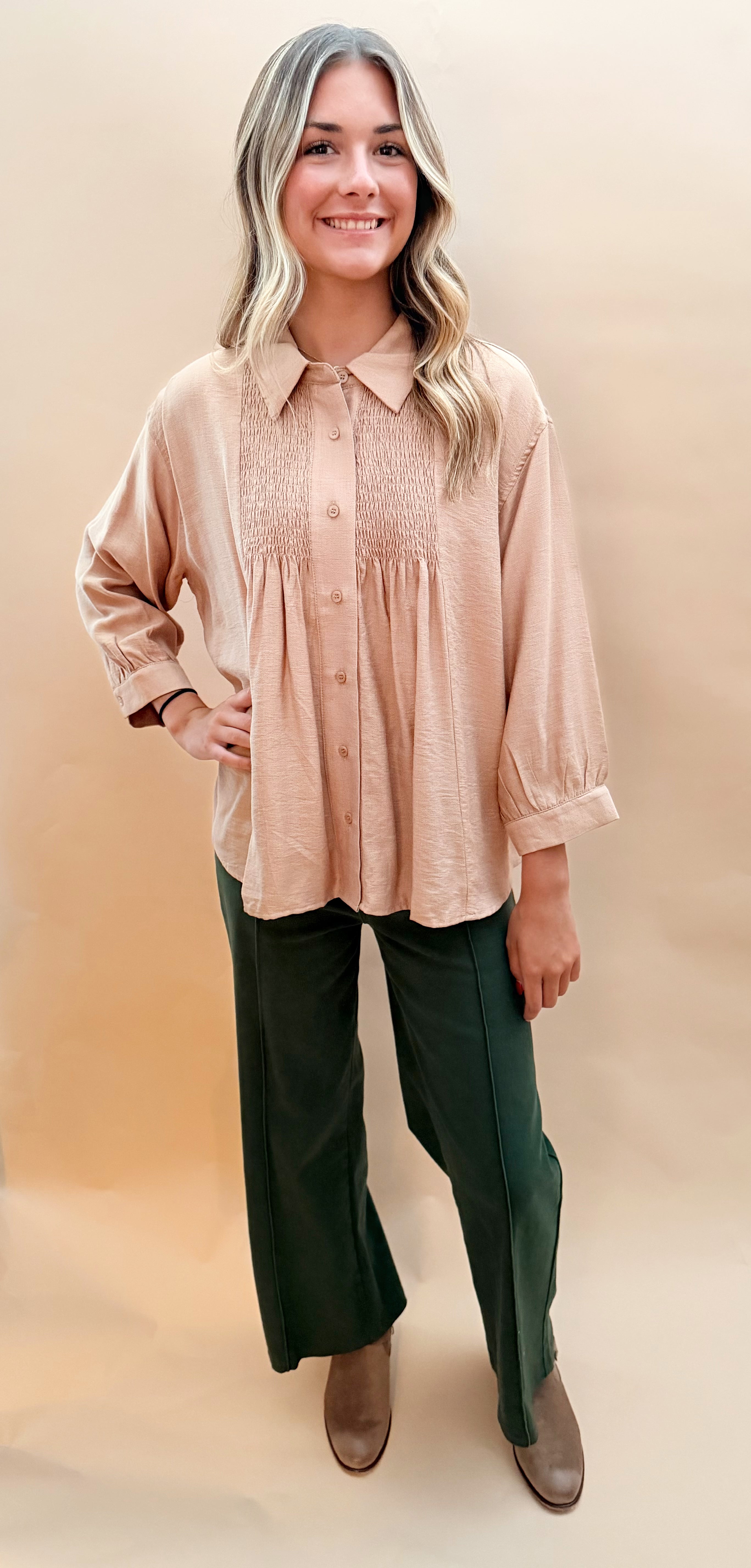 Long sleeved button blouse smock details