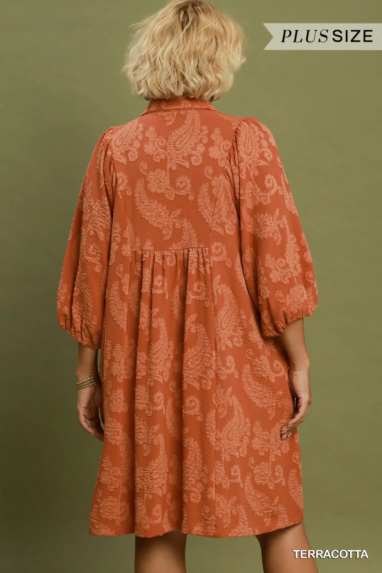 Puff Sleeve Textured Paisley Shift Dress