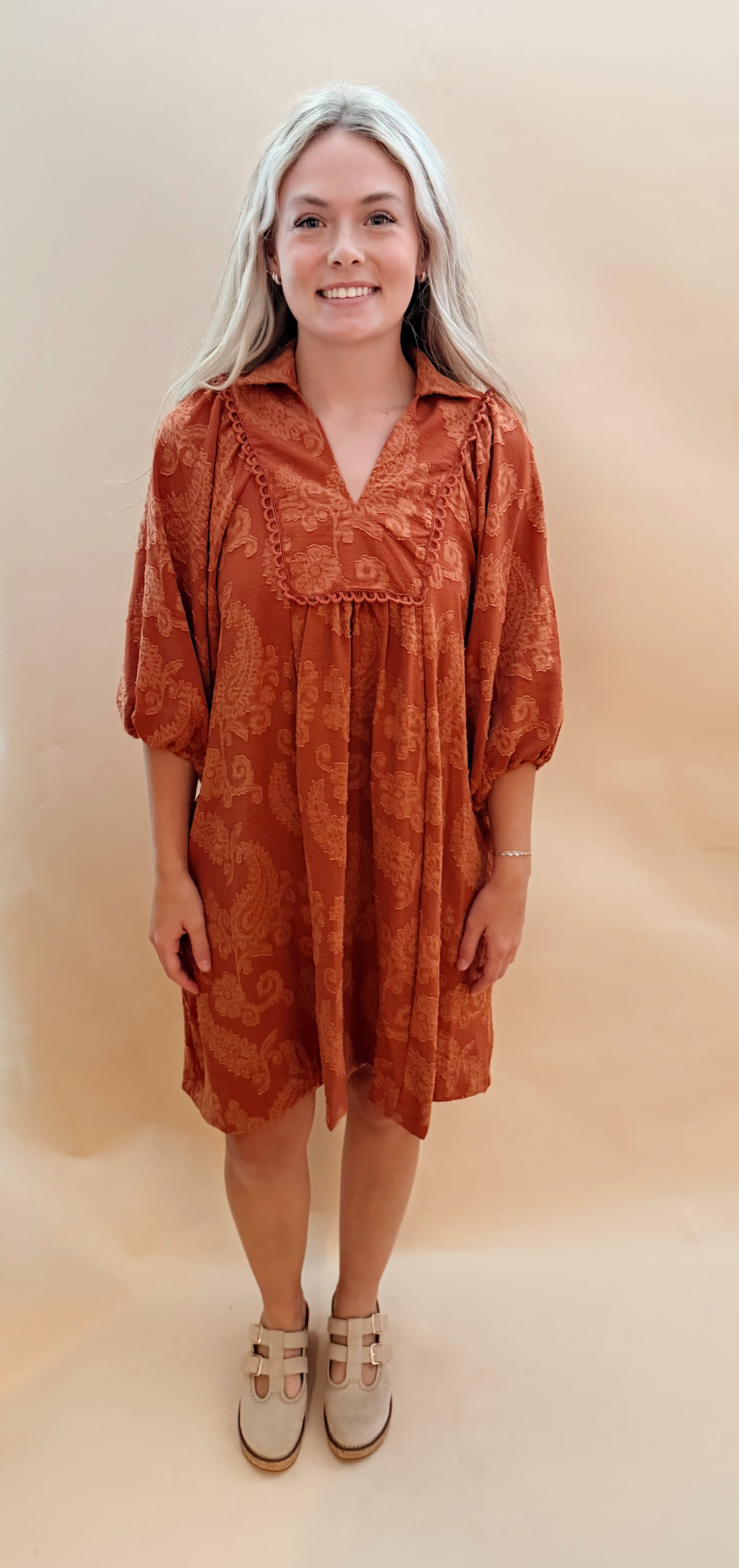 Textured paisley print knee length dress