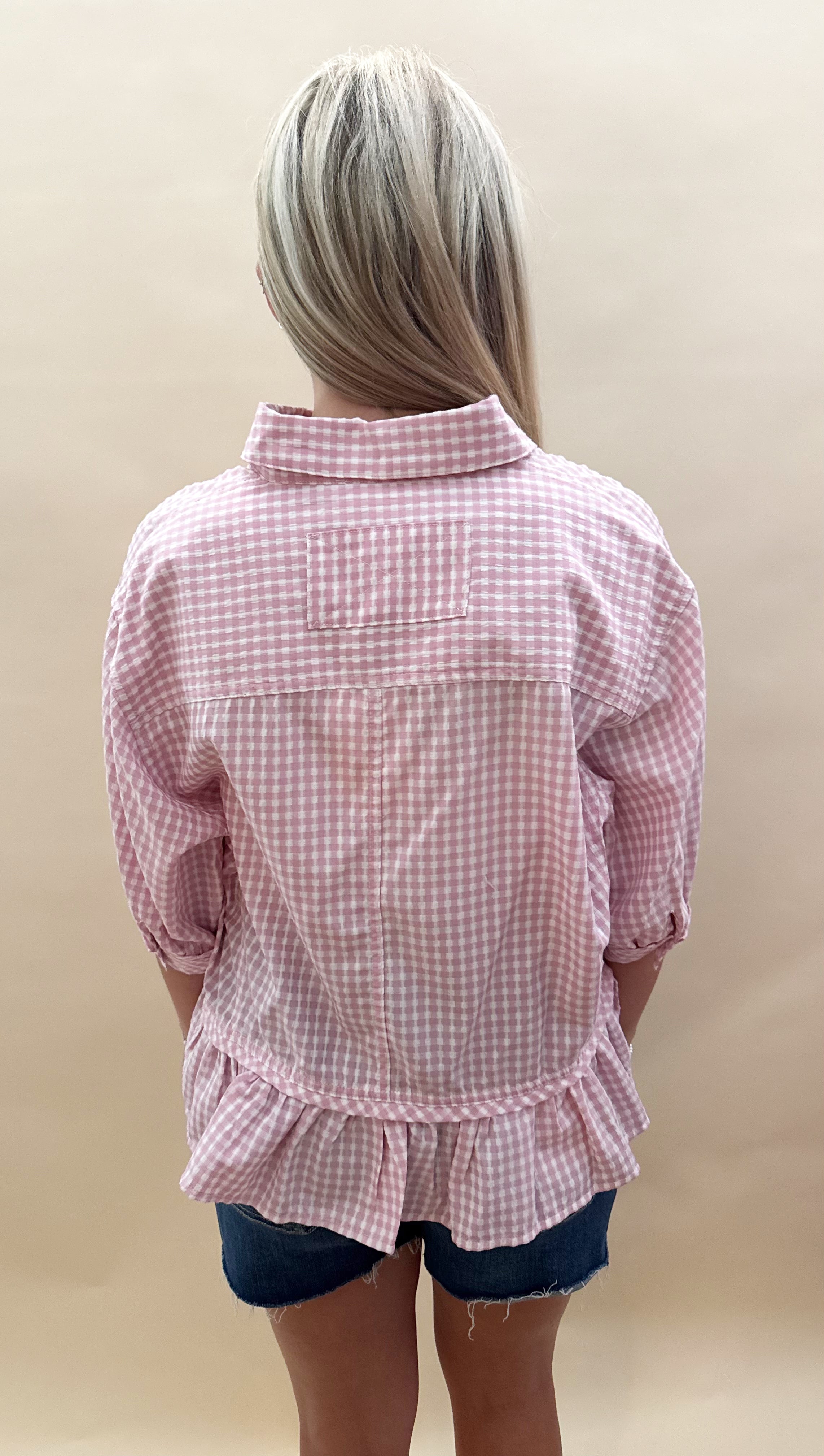 Pink checkered button down top