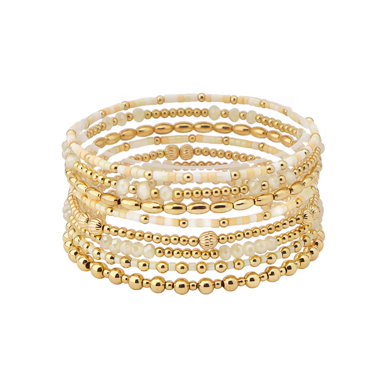 Set of 8 Bead & Crystal Gold Stretch Bracelet