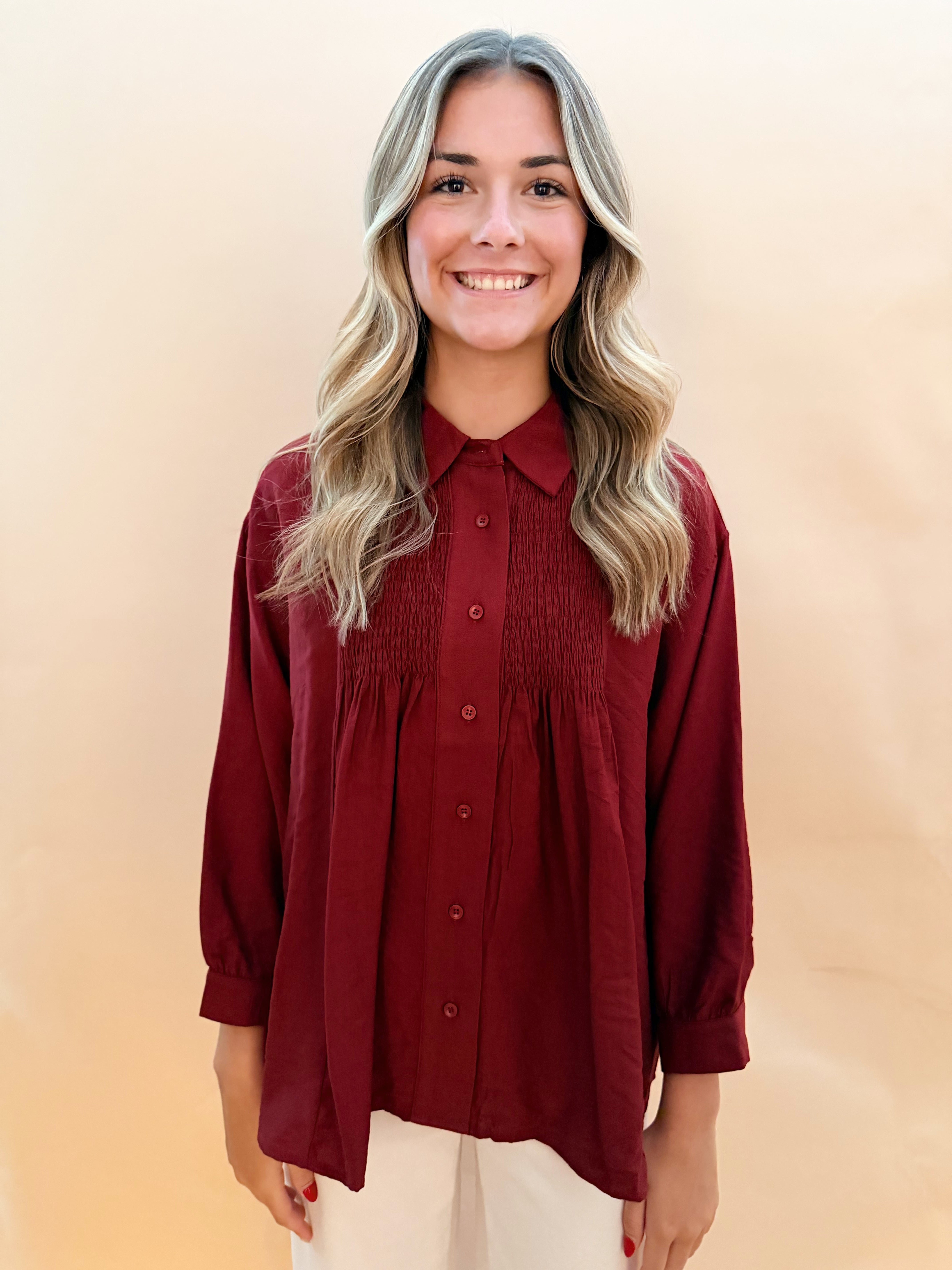 Long sleeved button blouse smock details